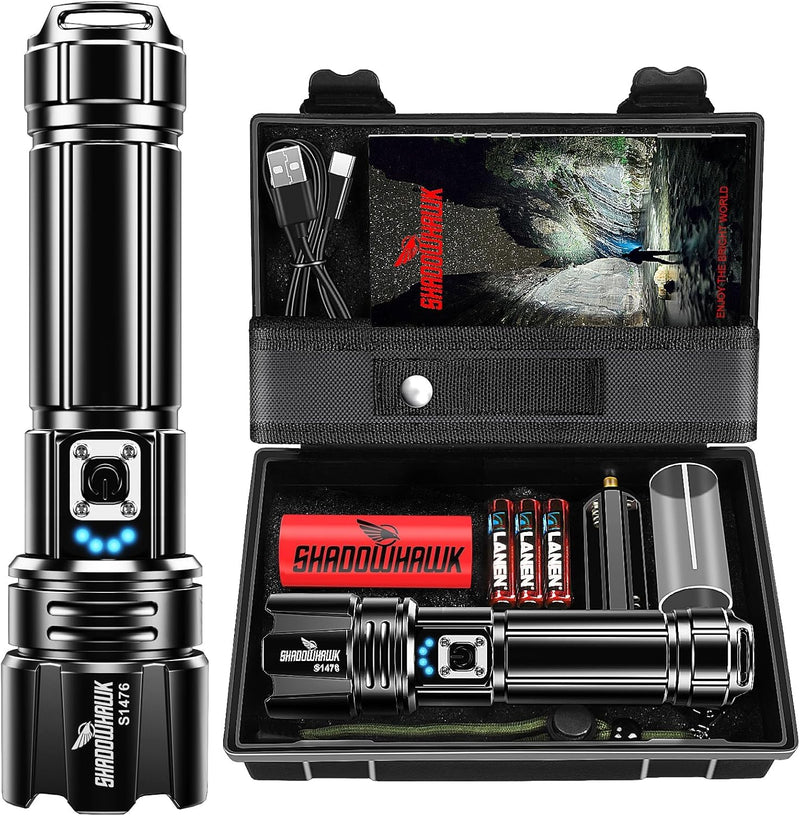 Shadowhawk Taschenlampe Led 500000 Lumen, Extrem Hell Taschenlampe USB Aufladbar Taktische Taschenlampen Mit holster XHP70.2, IP67 Wasserdicht 5 Lichtmodi für Camping Wandern Notfälle