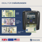 Detectalia D7T+, Falschgeldprüfer, getestet für EUR, GBP, USD, mit 5 Fälschungsprüfungen, mit Alarm, TFT-Display, EZB-Zertifiziert