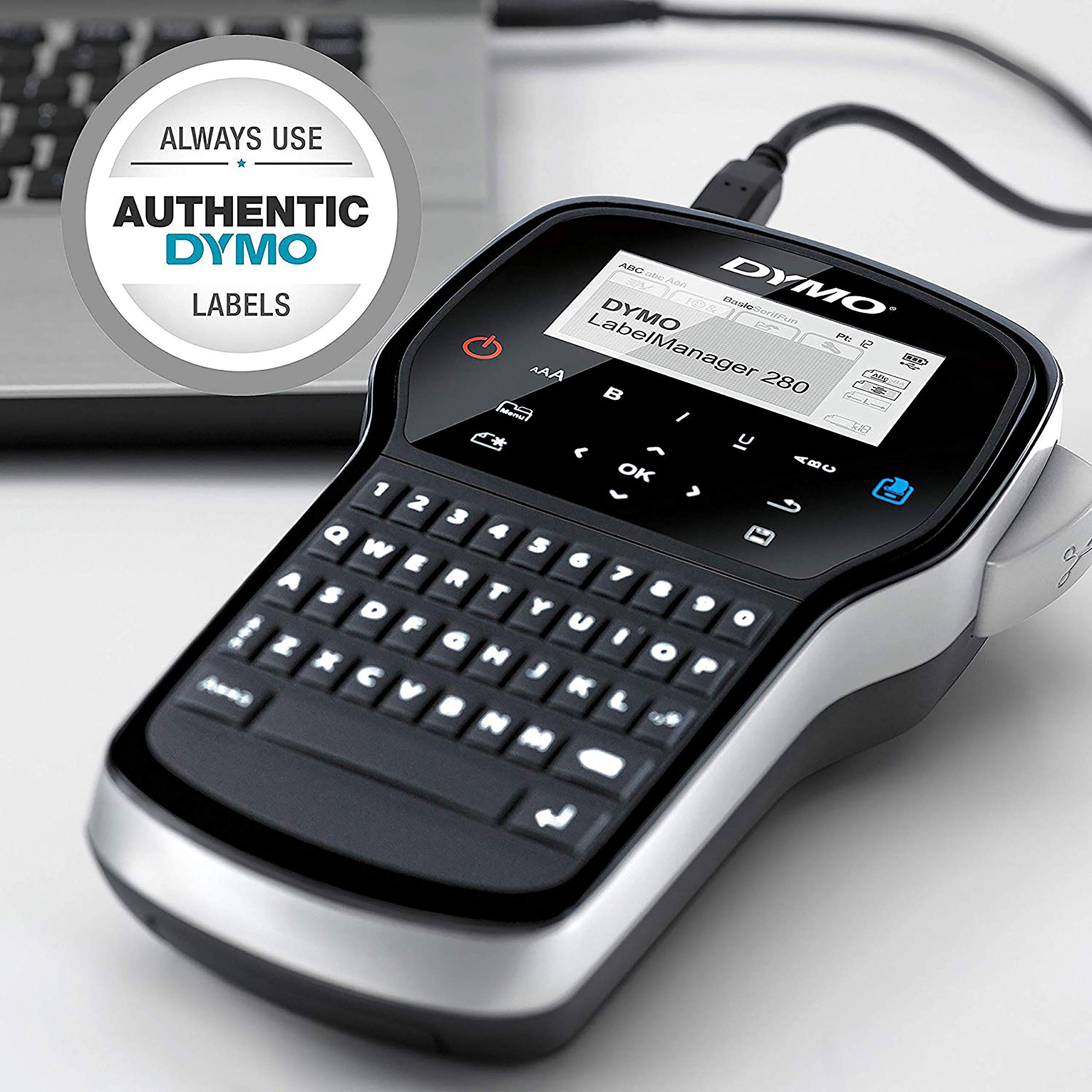 DYMO LabelManager 280 Tragbares Beschriftungsgerät im Koffer | Wiederaufladbares Etikettiergerät mit QWERTZ Tastatur | mit PC- oder Mac-Schnittstelle | für D1 Etiketten in 6, 9 und 12mm Breite