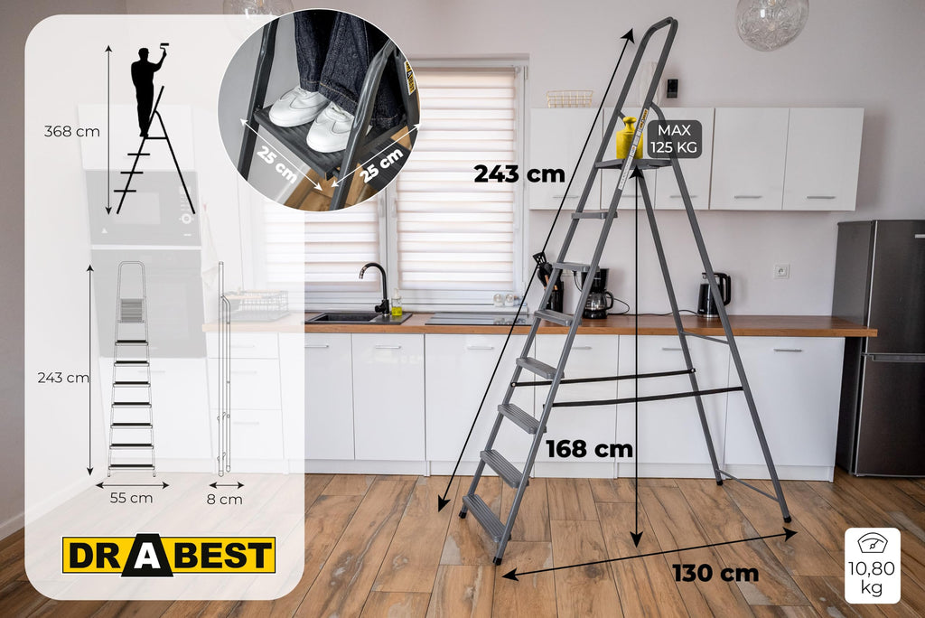 DRABEST - Stehleiter - mit 8 Stufen - bis 125 kg belastbar - 2,43 m lang - Arbeitshöhe 3,68 m - Trittleiter, Bockleiter aus Stahl pulverbeschichtet - für Haushalt, Malerarbeiten - Grau