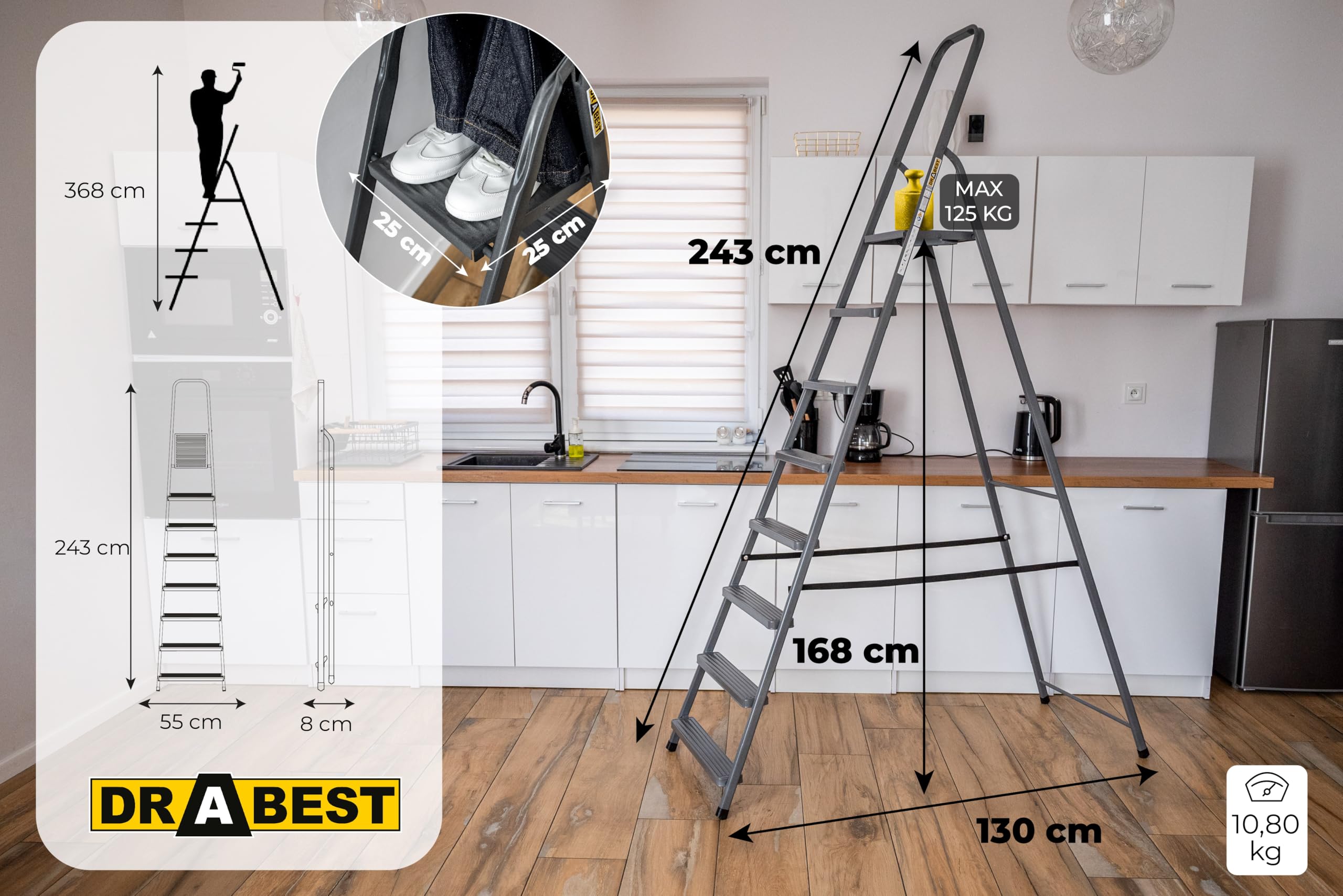 DRABEST - Stehleiter - mit 8 Stufen - bis 125 kg belastbar - 2,43 m lang - Arbeitshöhe 3,68 m - Trittleiter, Bockleiter aus Stahl pulverbeschichtet - für Haushalt, Malerarbeiten - Grau