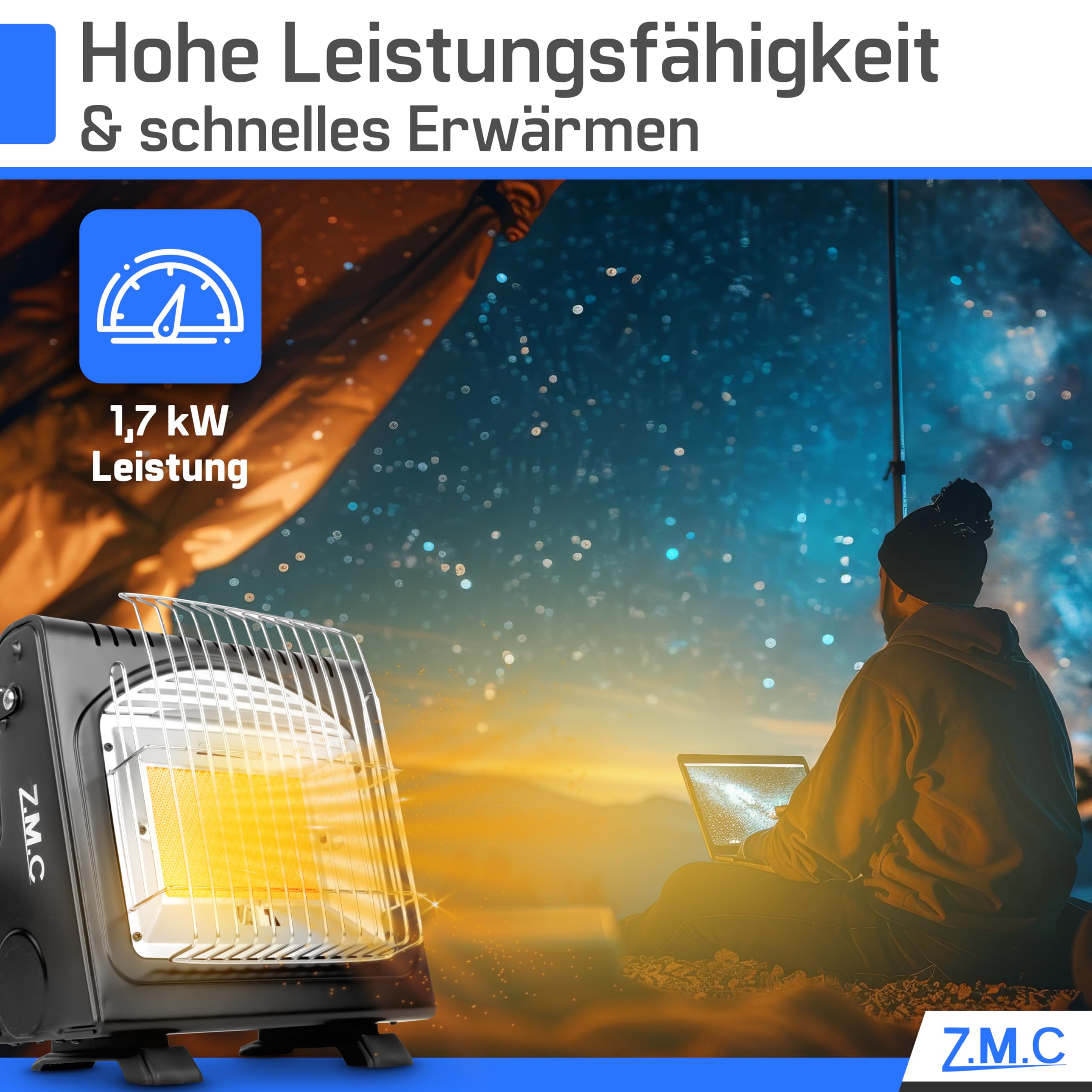 Z.M.C 2-in-1 Tragbare Gasheizung und Gaskocher + 16 Gaskartuschen 227g, multifunktionale Keramikheizung, Camping Heizung 1,7 kW, Gasheizer für Outdoor, Balkon, mobile Heizstrahler mit Piezozündung