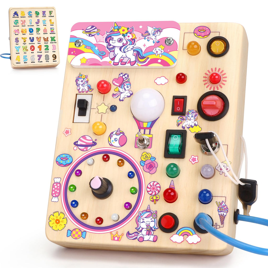 Unicorn Busy Board Montessori Spielzeug ab 1 jahr Activity Board Holzspielzeug Mit 10 Schaltern und 23 LED Lichtern Sensorik Spielzeug Motorikspielzeug für Babys und Kinder ab 1 2 3 4 Jahre Mädchen
