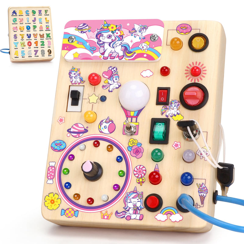 Unicorn Busy Board Montessori Spielzeug ab 1 jahr Activity Board Holzspielzeug Mit 10 Schaltern und 23 LED Lichtern Sensorik Spielzeug Motorikspielzeug für Babys und Kinder ab 1 2 3 4 Jahre Mädchen