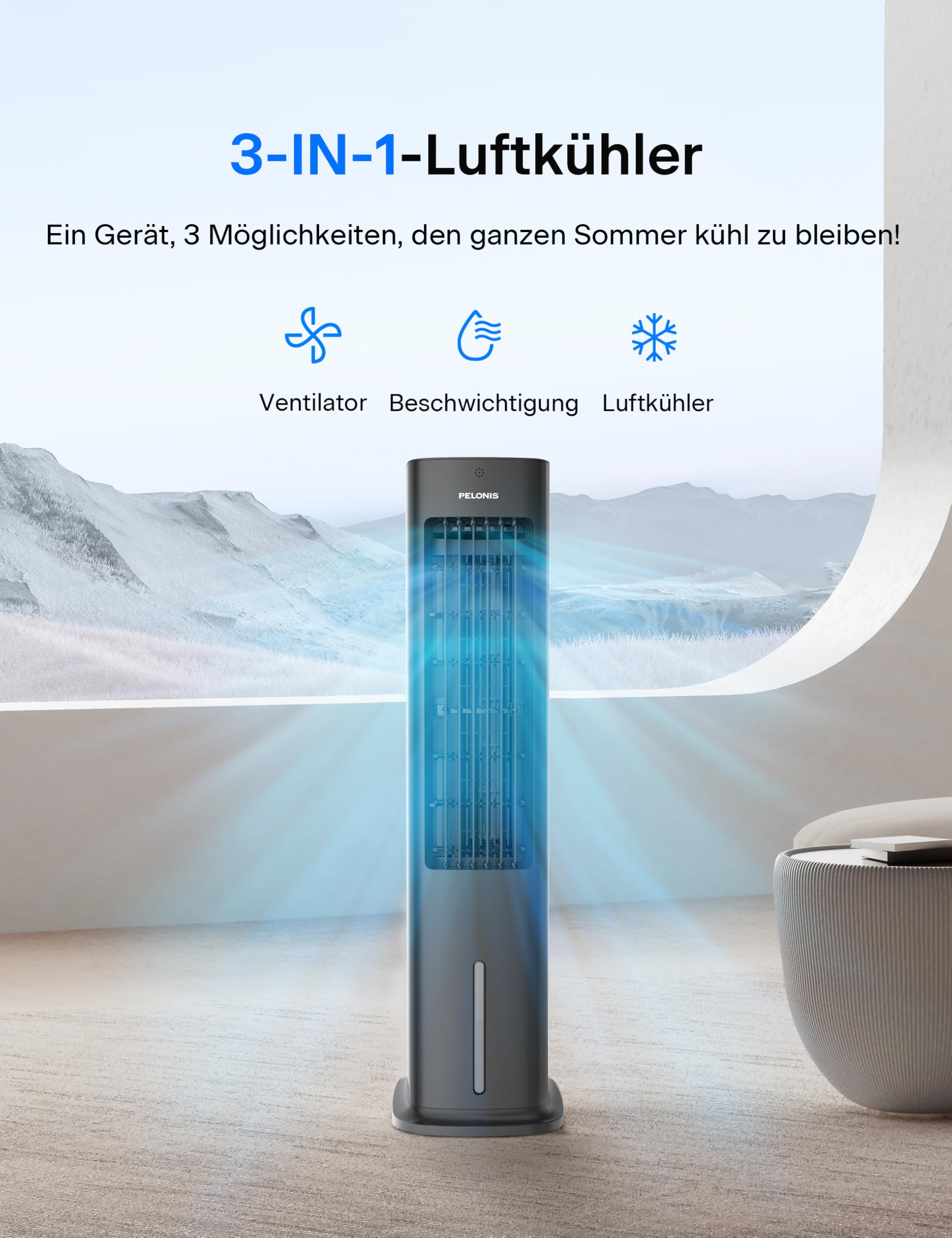 PELONIS 5L Verdunstungskühler mit Fernbedienung, 3-in-1 Tragbarer Luftkühler, Ventilator, Luftbefeuchter & Automatische Oszillation, 3 Stufen Timer 7H, 2 Kühlpads für Zuhause und Büro
