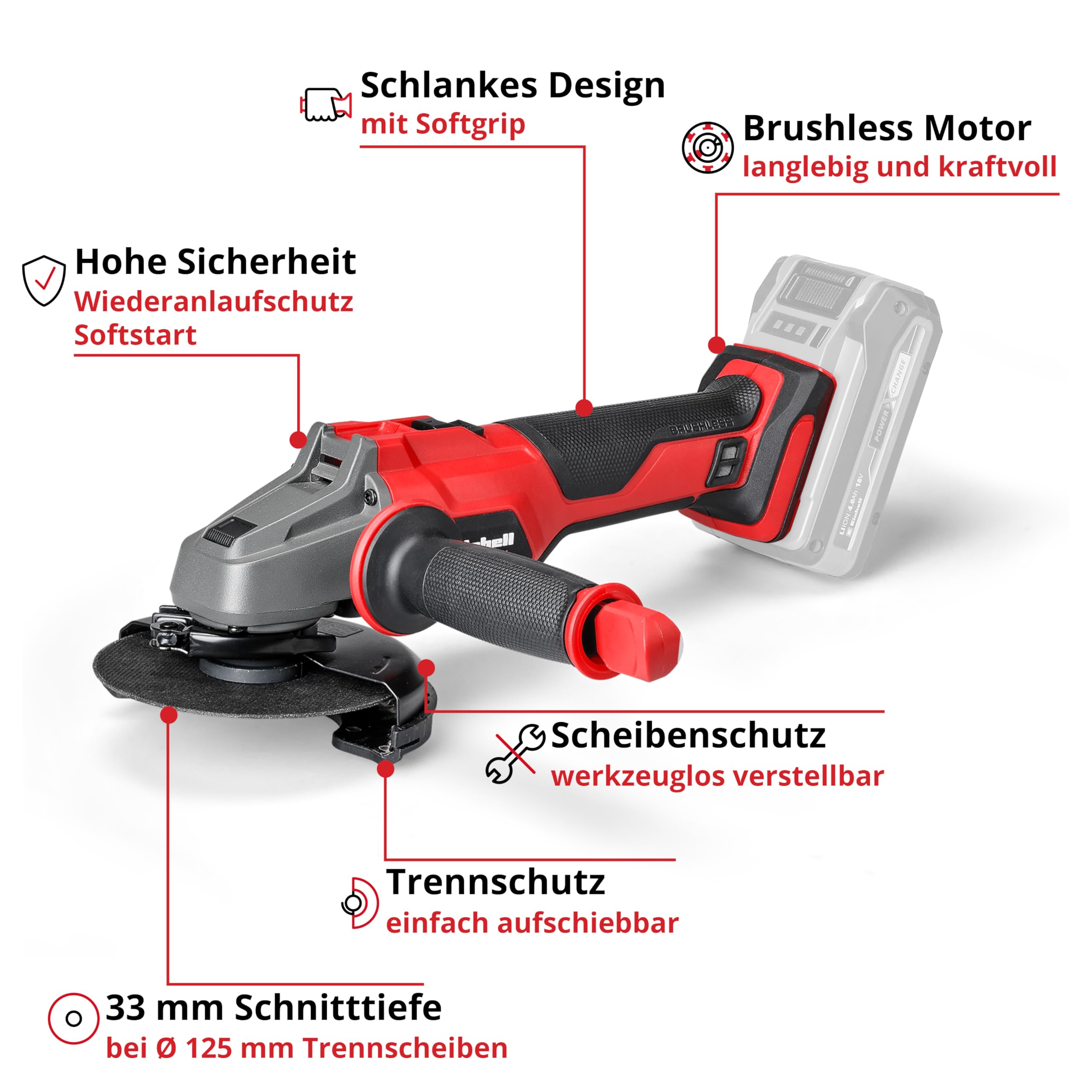 Einhell Professional Akku-Winkelschleifer AXXIO 18/125 Power X-Change (18 V, 700 W, 125 mm Scheiben-Ø, 33 mm Schnitttiefe, Brushless, Softstart, ohne Trennscheibe, ohne Akku)