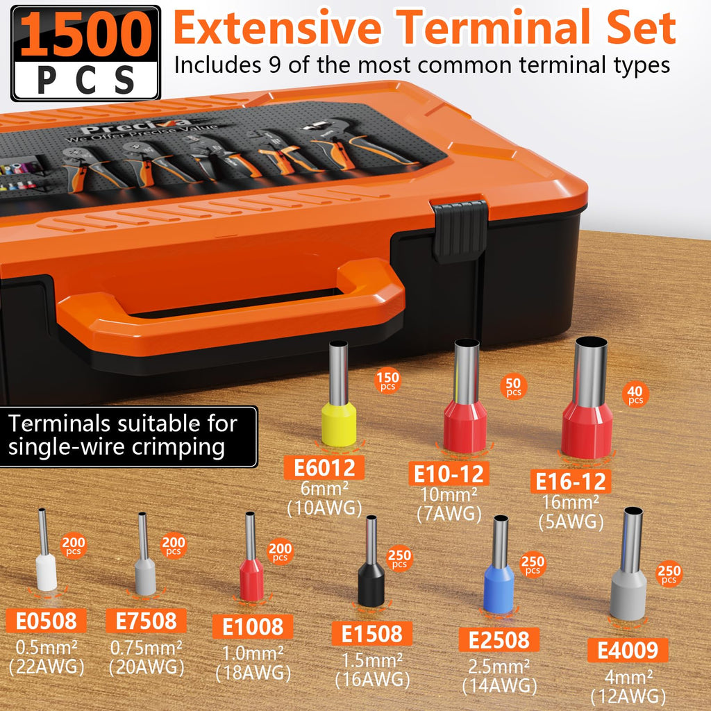 Crimpzangen Set, Preciva Aderendhülsenzange 0,08–16 mm² Crimpzange, 1500 teiliges Crimpzange Aderendhülsen Set für Heimwerker und Heimgebrauch