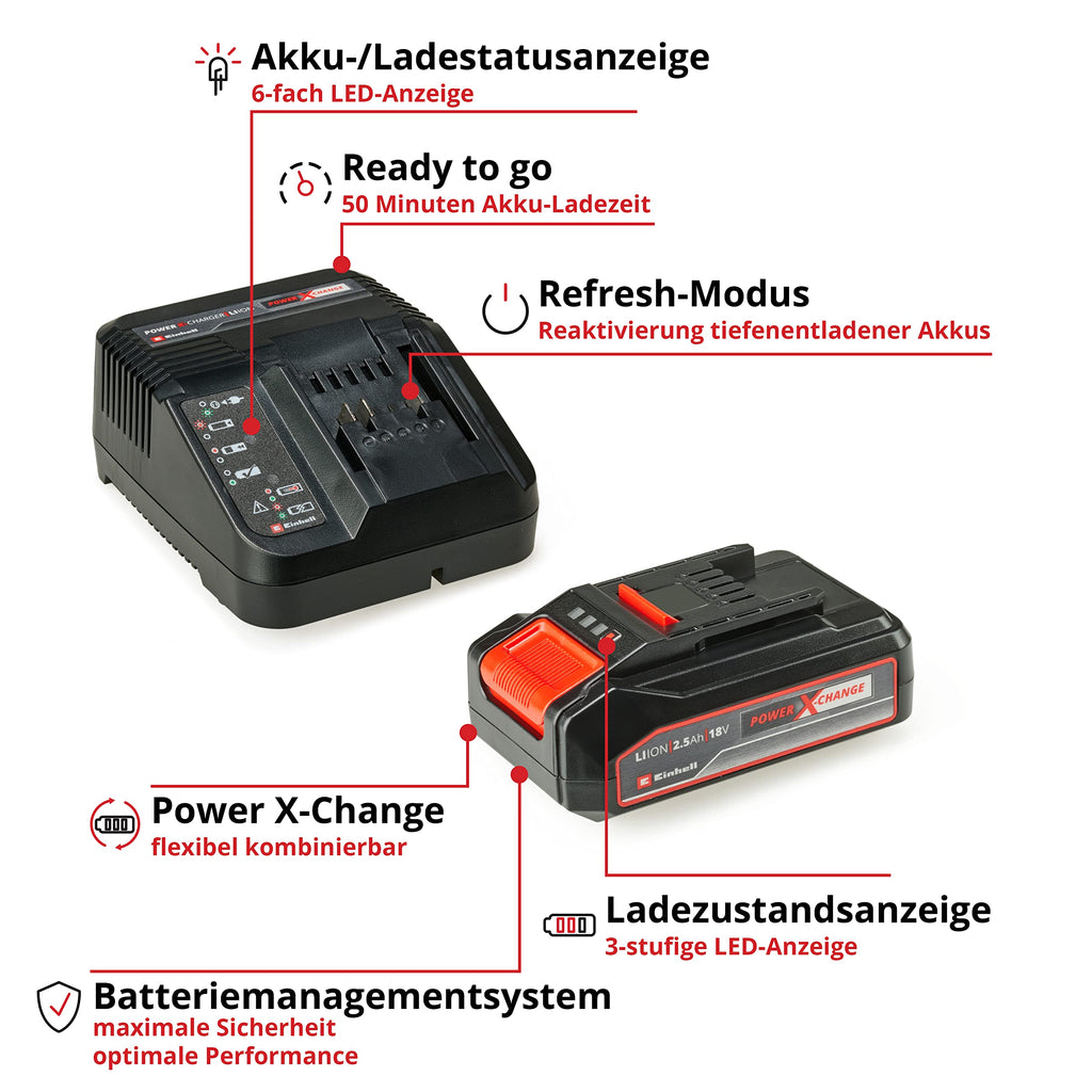Original Einhell Starter Kit 2,5 Ah Akku und Ladegerät Power X-Change (Li-Ion, 18 V, 50 min Ladezeit, passend für alle Power X-Change Geräte)