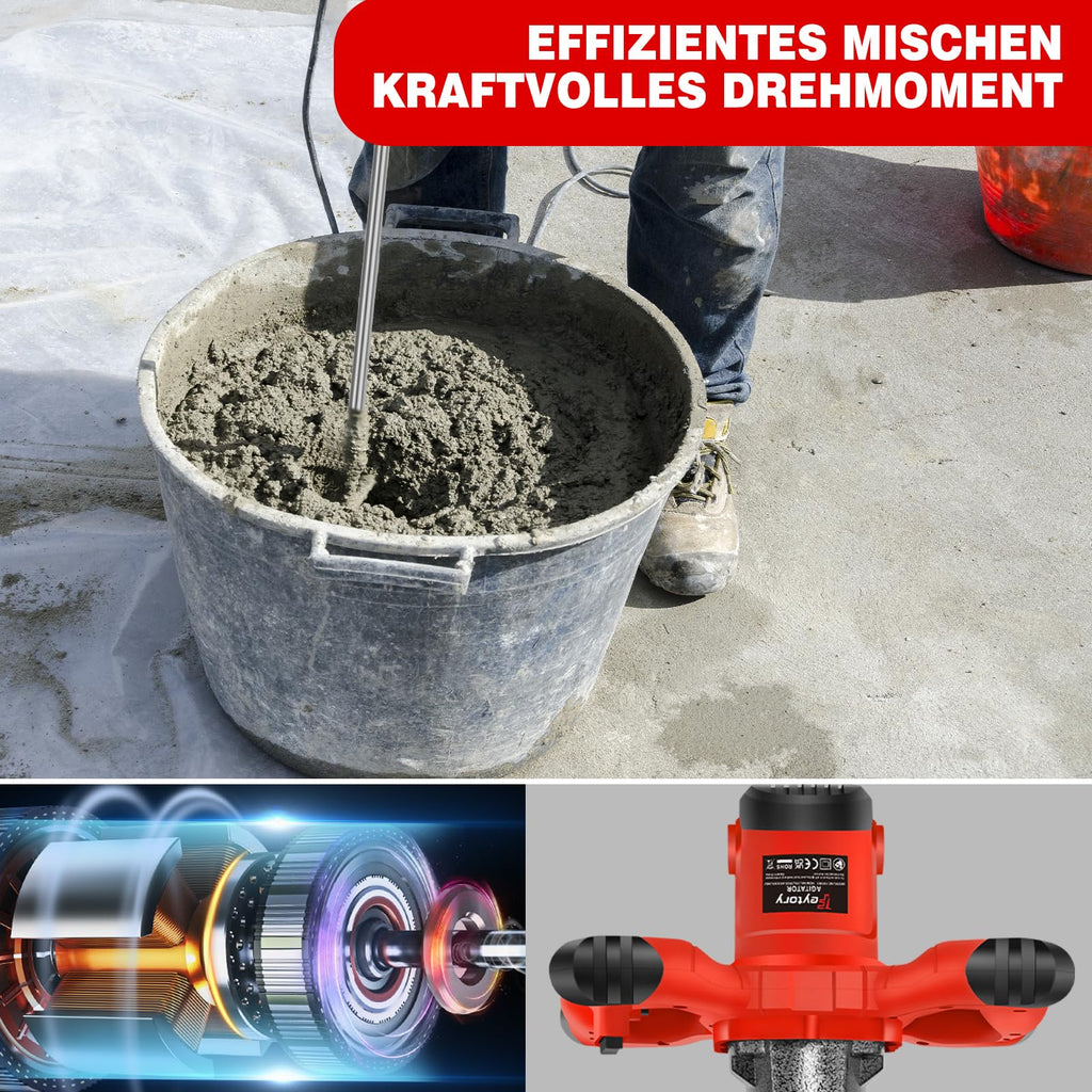 2600W Rot Rührwerk betonrührer, 6-Gang-Getriebe 0-1700U/min, M14 Spiralstange 60 cm, Farb-Mörtelrührer Ø120 mm, Handmischer für Mischgut Beton, Mörtel, Putz, Farbe, Kleber und Zement