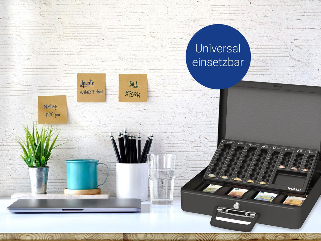 MAUL Geldkassette mit Münzzählbrett aus Stahl | 37 x 29 x 12 cm | Geldkassette abschließbar | Entnehmbares Scheinfach | Tragbare Kasse mit 2 Schlüsseln | Ideal als Registrierkasse | Schwarz