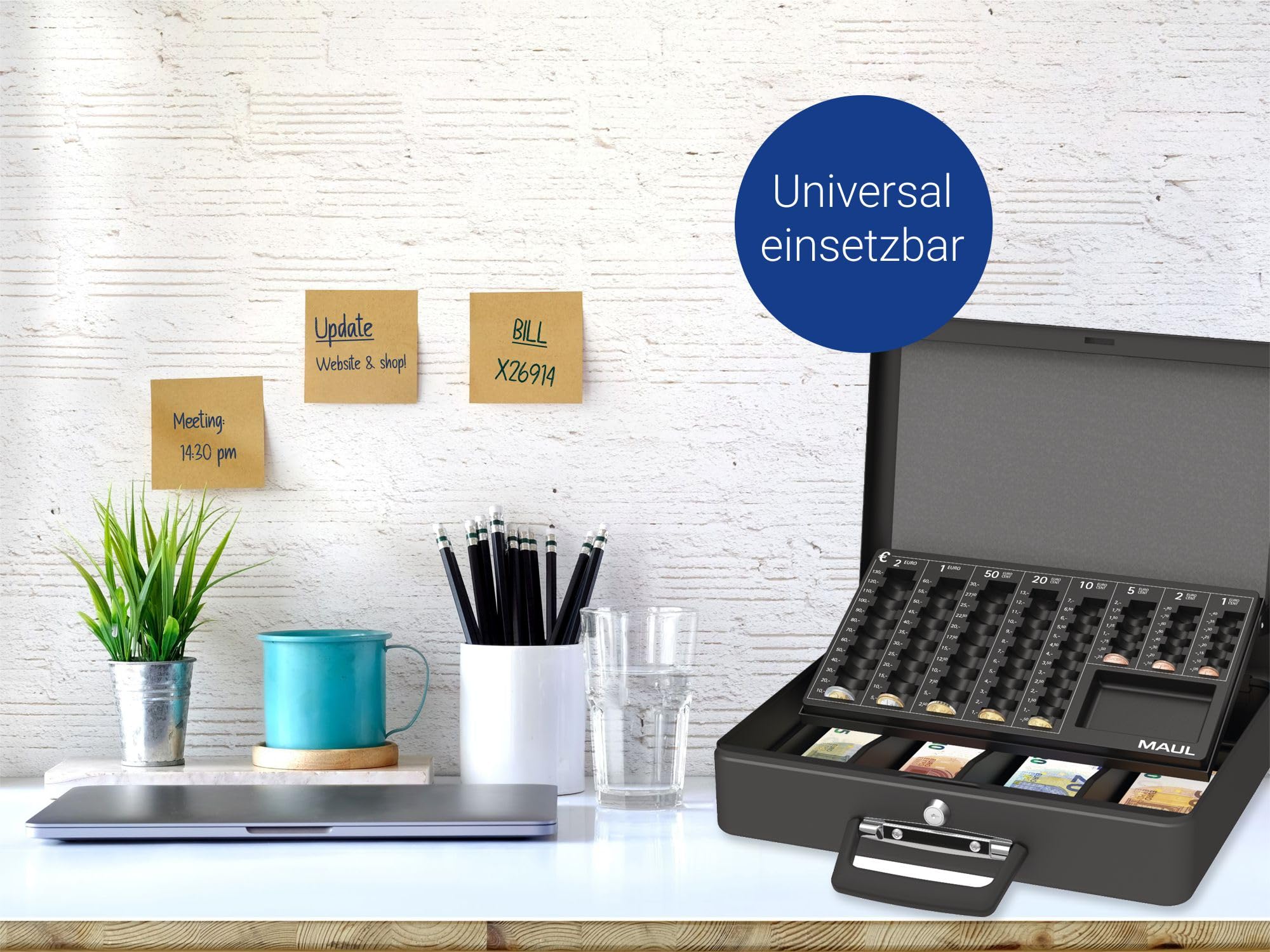 MAUL Geldkassette mit Münzzählbrett aus Stahl | 37 x 29 x 12 cm | Geldkassette abschließbar | Entnehmbares Scheinfach | Tragbare Kasse mit 2 Schlüsseln | Ideal als Registrierkasse | Schwarz
