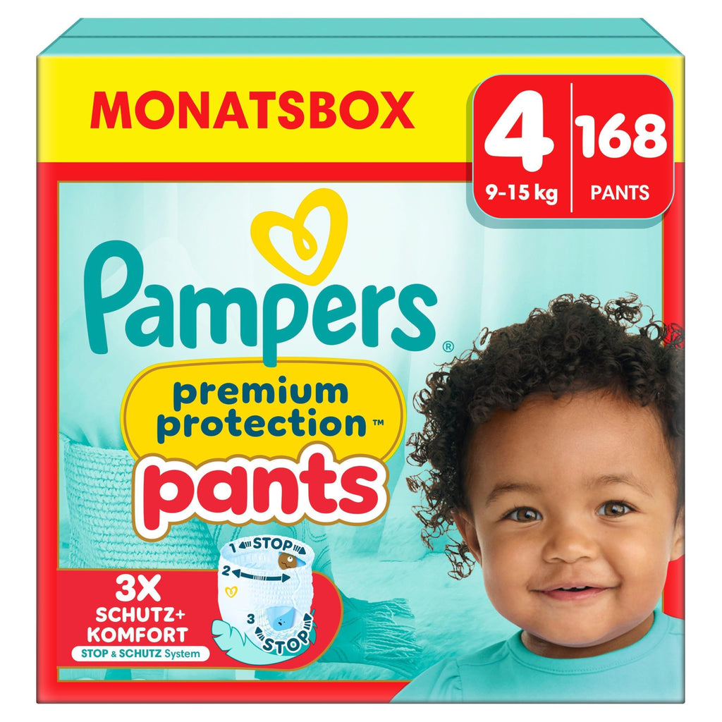 Pampers Premium Protection Pants Größe 4, 168 Windeln, 9kg-15kg, Mit 360° Passform und 2x breiteren Bündchen als vorher für unseren besten Komfort & Schutz