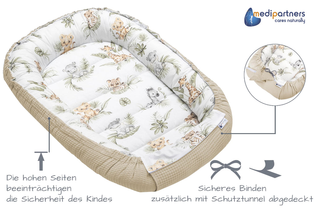 Medi Partners Babynest Nestchen für Neugeborene - 100x60x15 Babynestchen Baby zweiseitg Nest Bett 100% Baumwolle Waffel Kuschelnest tragbar (‎Safari mit beige Waffel)