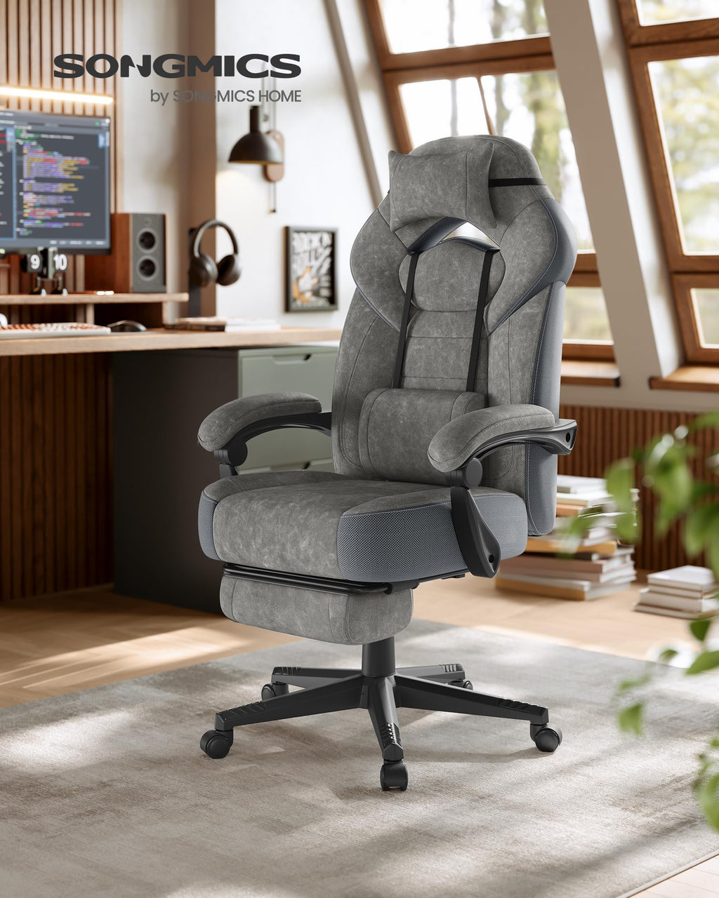 SONGMICS Gaming-Stuhl, Bürostuhl, Computerstuhl, ergonomisches Design, mit Fußstütze, verstellbares Kopfkissen, Lendenkissen, Tragkraft 150 kg, schiefergrau OBG077G01