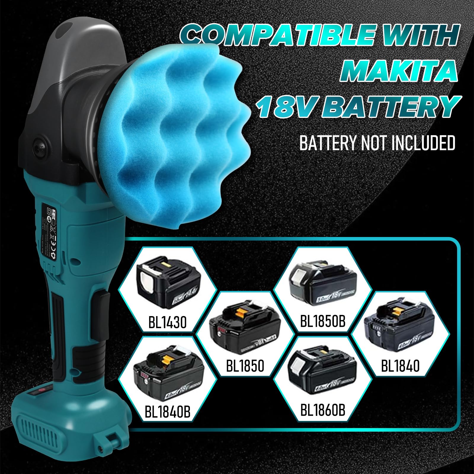 Anancyi Akku Poliermaschine 18V für Autos,15 mm Exzenter Poliermaschine, 2000-6000 RPM, 3-Geschwindigkeiten, 125mm Polierschwamm, für Mak-ita BL（Keine Batterie）