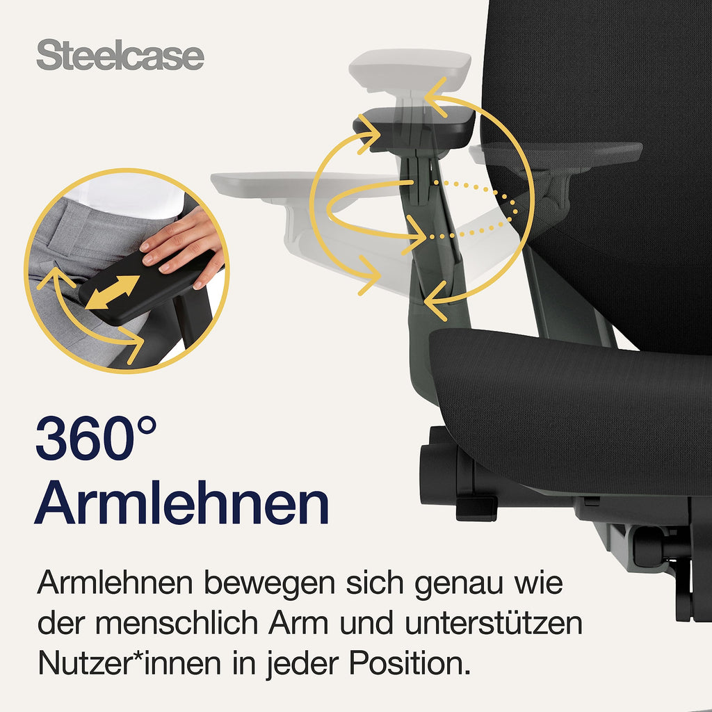 Steelcase Gesture Ergonomischer Bürostuhl mit 360° Armlehnen, 3D-Live Back Lumbalstütze, anpassbarer Kopfstütze Onyx Schwarz, 66 x 62.5 x 107