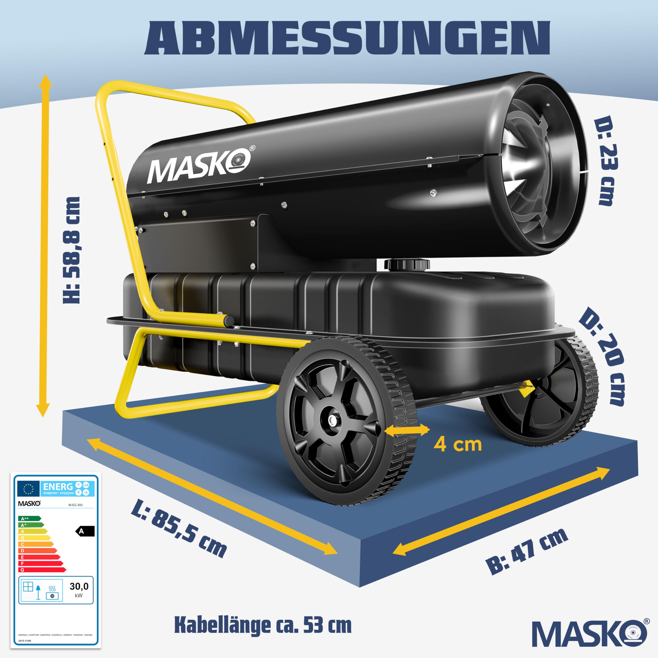 MASKO® Heizkanone 30kW Diesel Bautrockner Bauheizer Heißluftgenerator Heizgebläse 38L Tank mit Thermostat Ölheizer Luftstrom 750m³/h/Stunde Ölbeheizung Heizlüfter Heizstrahler Schwarz