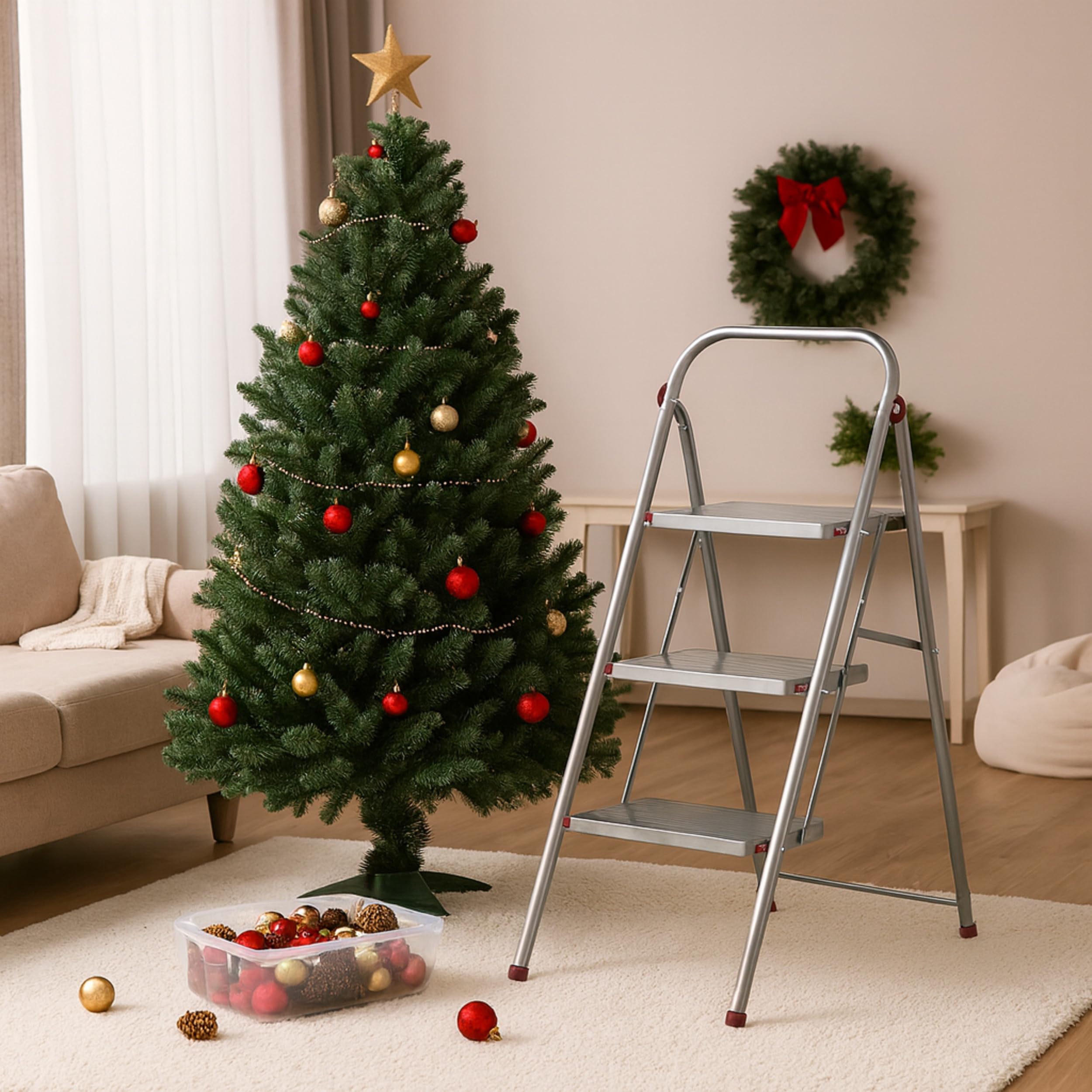 Kleeneze zusammenklappbare 3-stufige Trittleiter, leichte Klappleiter für Heimwerker, sicheres Arbeiten, rutschfeste Trittstufen, robuster Stahl, Sicherheitsclip, 105 cm, rosa/grau, Tragkraft 150 kg