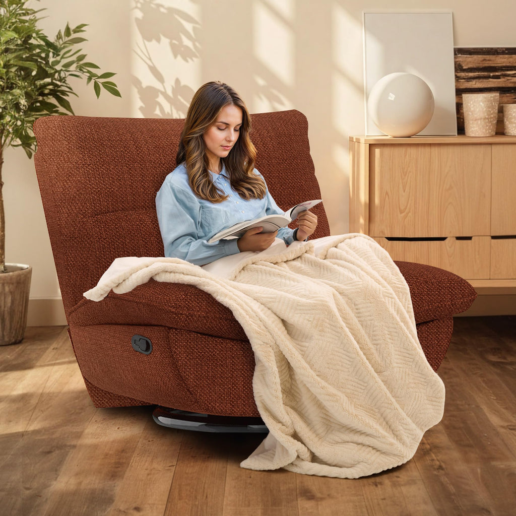 Softa Drehbarer Liegesessel, manueller Wippstuhl mit verstellbarer Beinstütze, Seitentaschen, gepolsterter Sitz und Rückenlehne, bequemes Liegesofa für Wohnzimmer, Orange