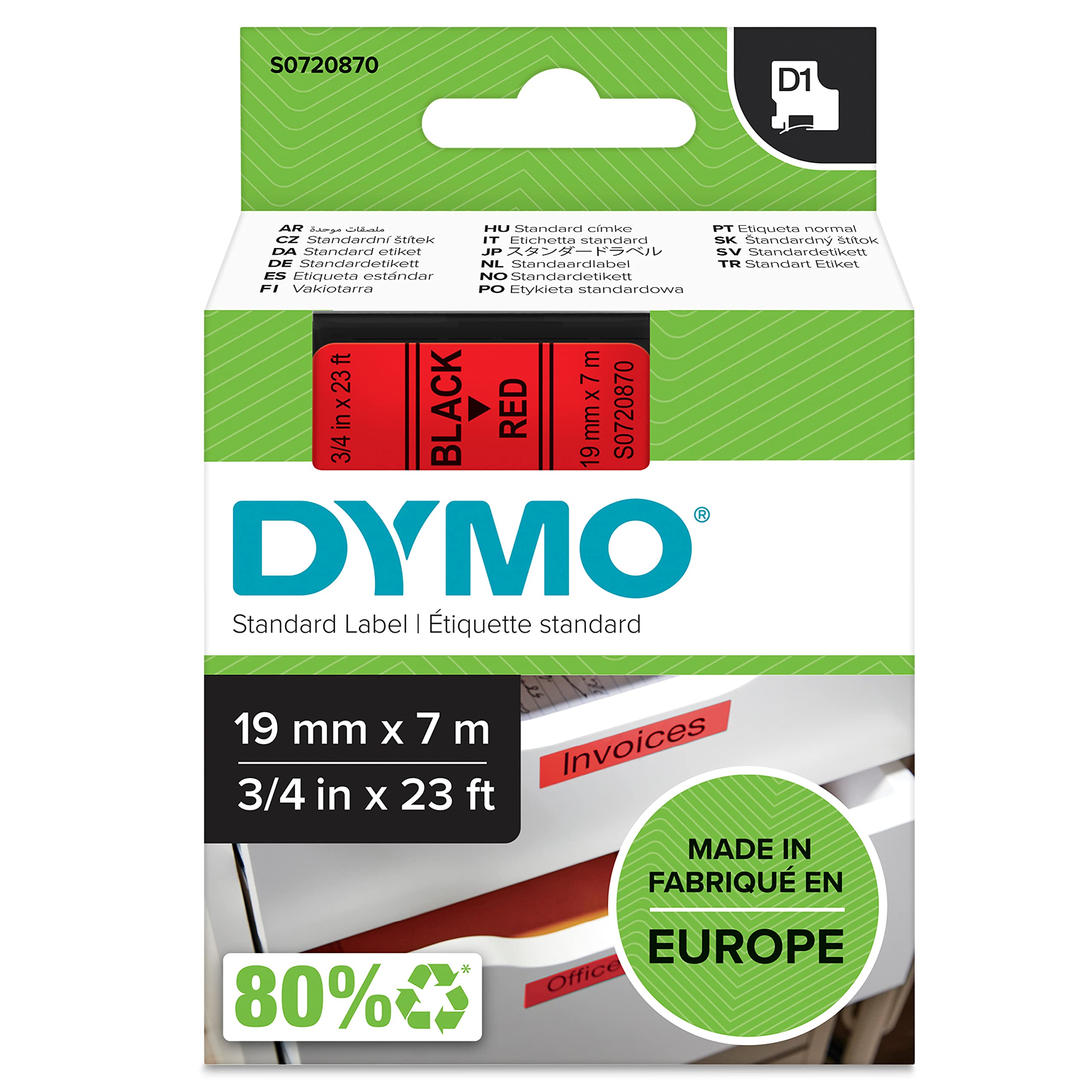 DYMO Original D1-Etikettenband | schwarz auf rot | 19 mm x 7 m | selbstklebendes Schriftband | für LabelManager-Beschriftungsgerät