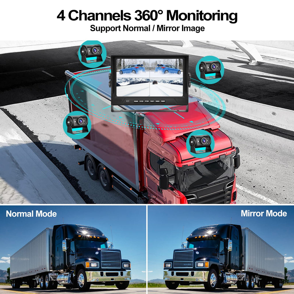 CAMECHO RV Rückfahrkamera Set 4 Kameras Set,Videoaufzeichnung 9 Zoll LCD Monitor DVR+4 Geteilte Rück und Vorder Kamera, Weitwinkel, IP68 wasserdicht, 18IR Nachtsicht, für LKW/Anhänger/Bus/Van 12V-35V