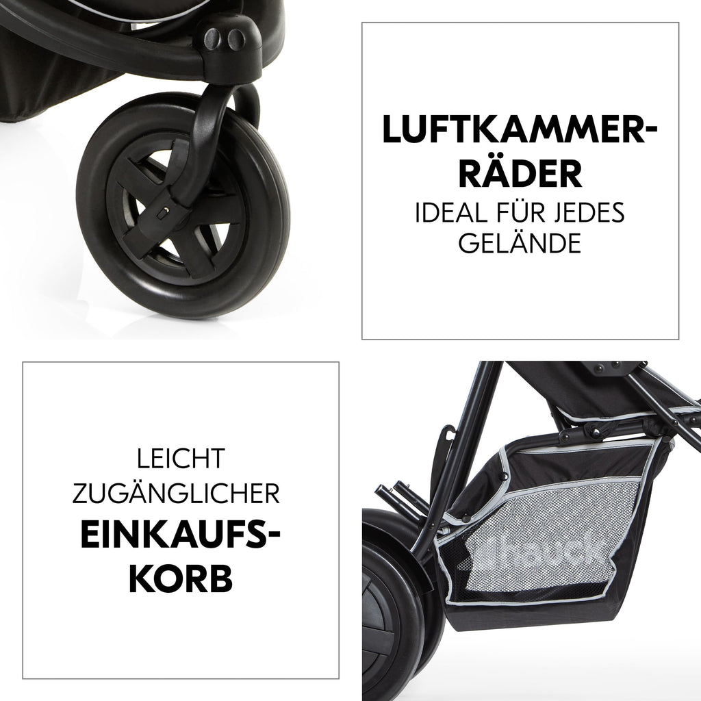hauck Freerider, Schwarz - 3 Rad Geschwisterbuggy mit Regenschutz für 2 Kinder - Oberer Sitz mit Liegefunktion ab Geburt - Unterer Sitz ab 6 Monaten - Max. 15 Pro Sitz - Höhenverstellbar