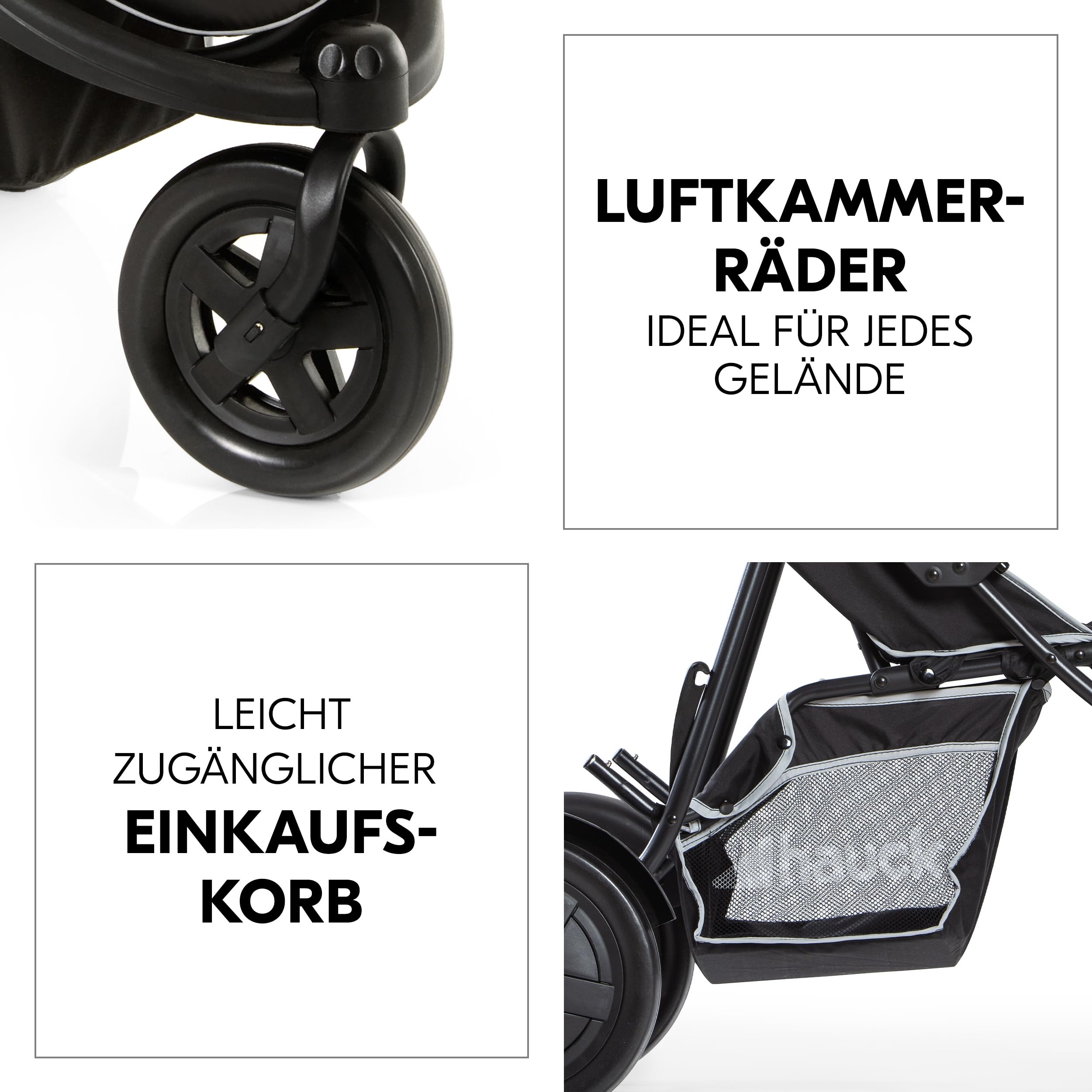 hauck Freerider, Schwarz - 3 Rad Geschwisterbuggy mit Regenschutz für 2 Kinder - Oberer Sitz mit Liegefunktion ab Geburt - Unterer Sitz ab 6 Monaten - Max. 15 Pro Sitz - Höhenverstellbar