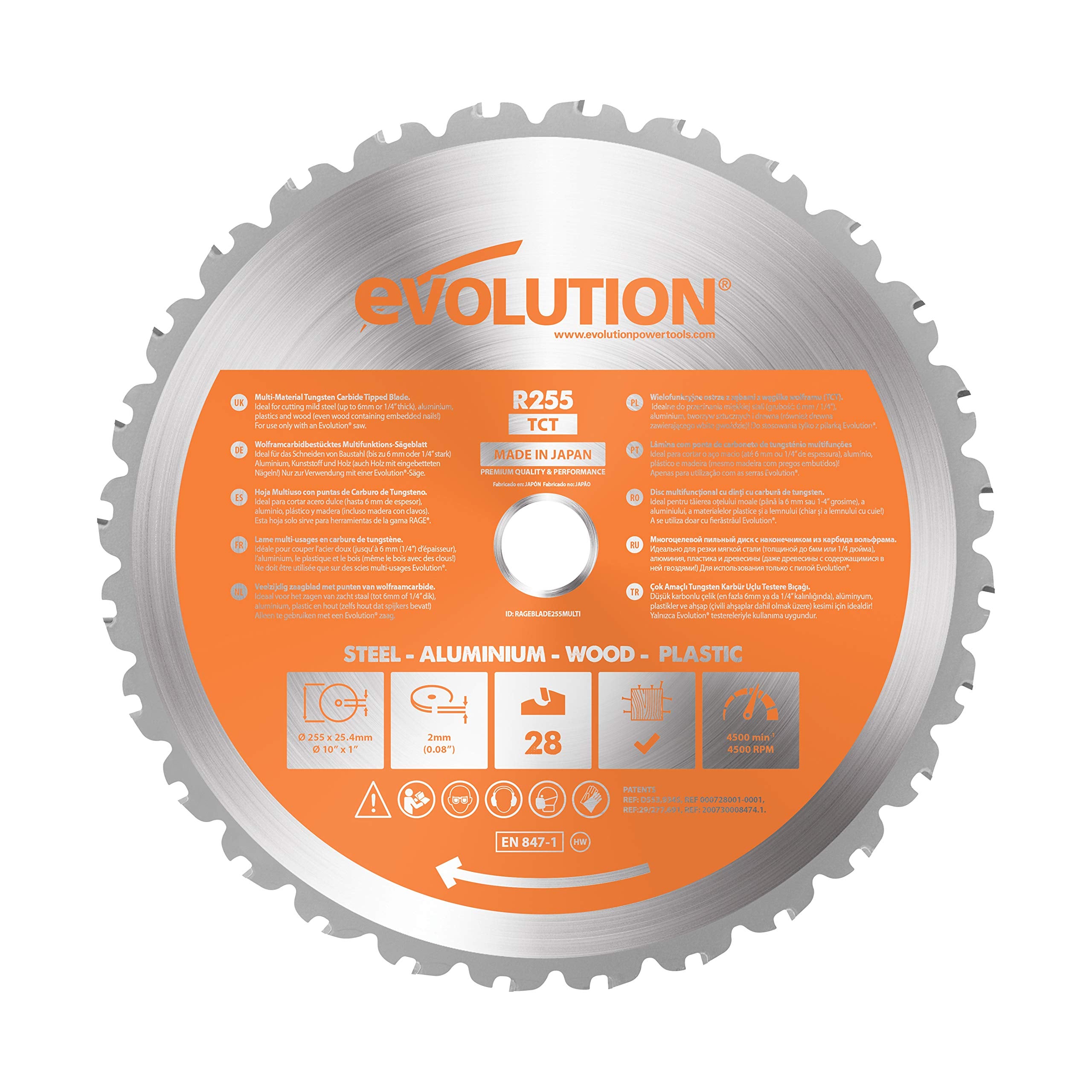 Evolution Power Tools R255TCT zaagblad met 28 tanden en met een uiteinde van carbide voor meerdere materialen - zaagt hout, metaal, kunststof en meer, 255 mm