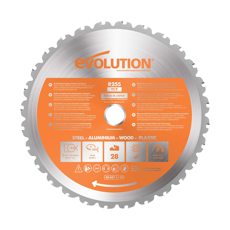 Evolution Power Tools R255TCT zaagblad met 28 tanden en met een uiteinde van carbide voor meerdere materialen - zaagt hout, metaal, kunststof en meer, 255 mm
