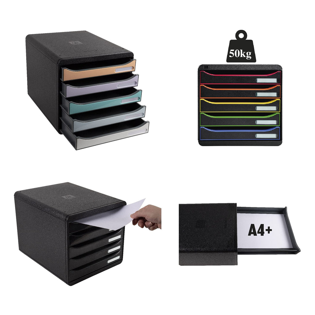 Exacompta 309798D Premium Ablagebox mit 5 Schubladen für DIN A4+ Dokumente. Stapelbare Schubladenbox mit hoher Kapazität für mehr Platz auf dem Schreibtisch Big Box Iderama Schwarz|Bunt