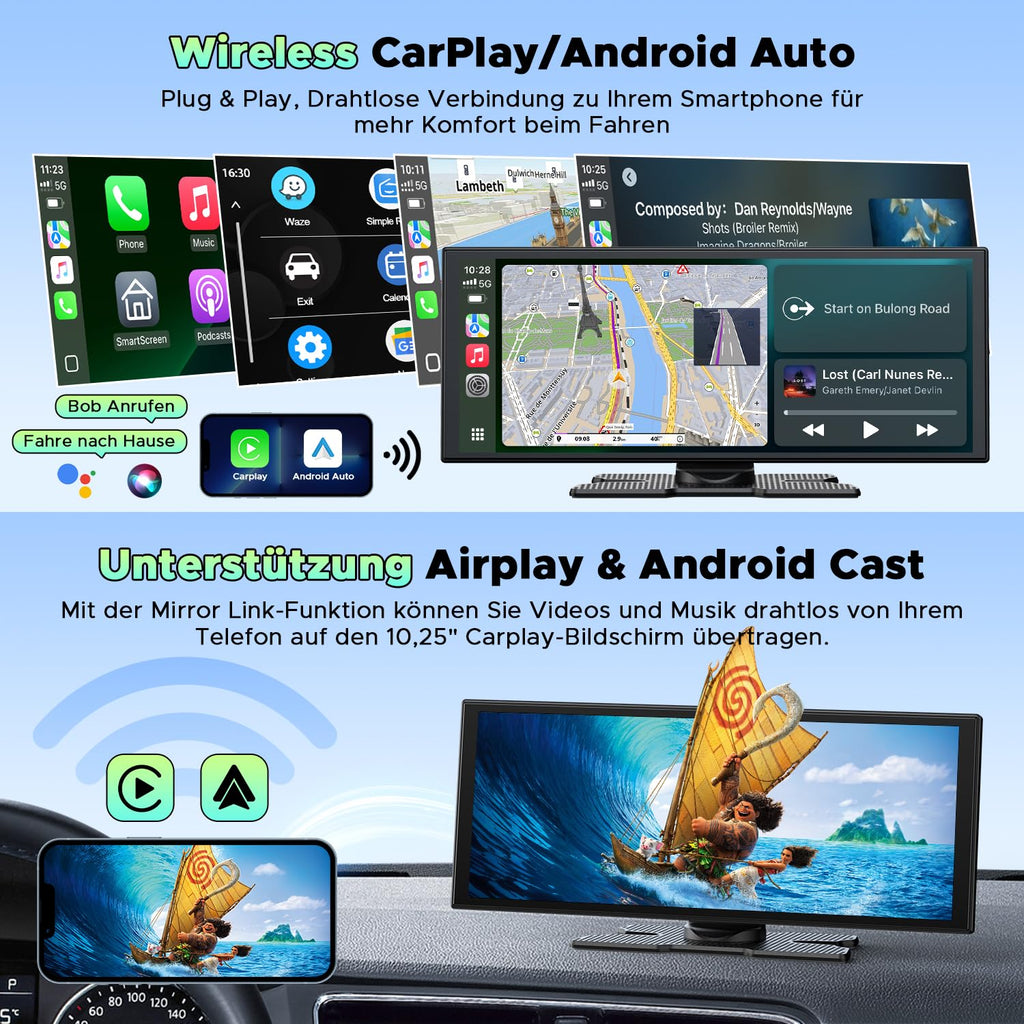 LAMTTO Wireless CarPlay Android Auto Display 10,25 Zoll In-Cell Touchscreen Car Play mit Dashcam 2.5K+1080P Sprachsteuerung Karten Navigation Bluetooth FM AUX Loop Aufnahme 64GB TF Karte