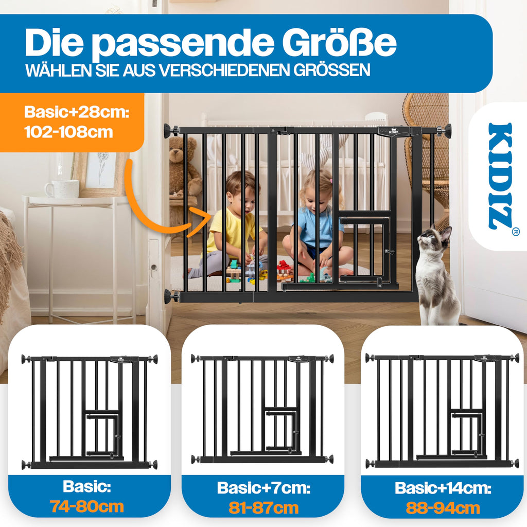KIDIZ Absperrgitter zum Klemmen mit Katzenklappe, Türschutzgitter, Autoclose Kinder Treppengitter ohne Bohren | 90° Stopp Schutz, schwenkbar, Treppenschutzgitter, Schwarz, Breite: 74-80 cm