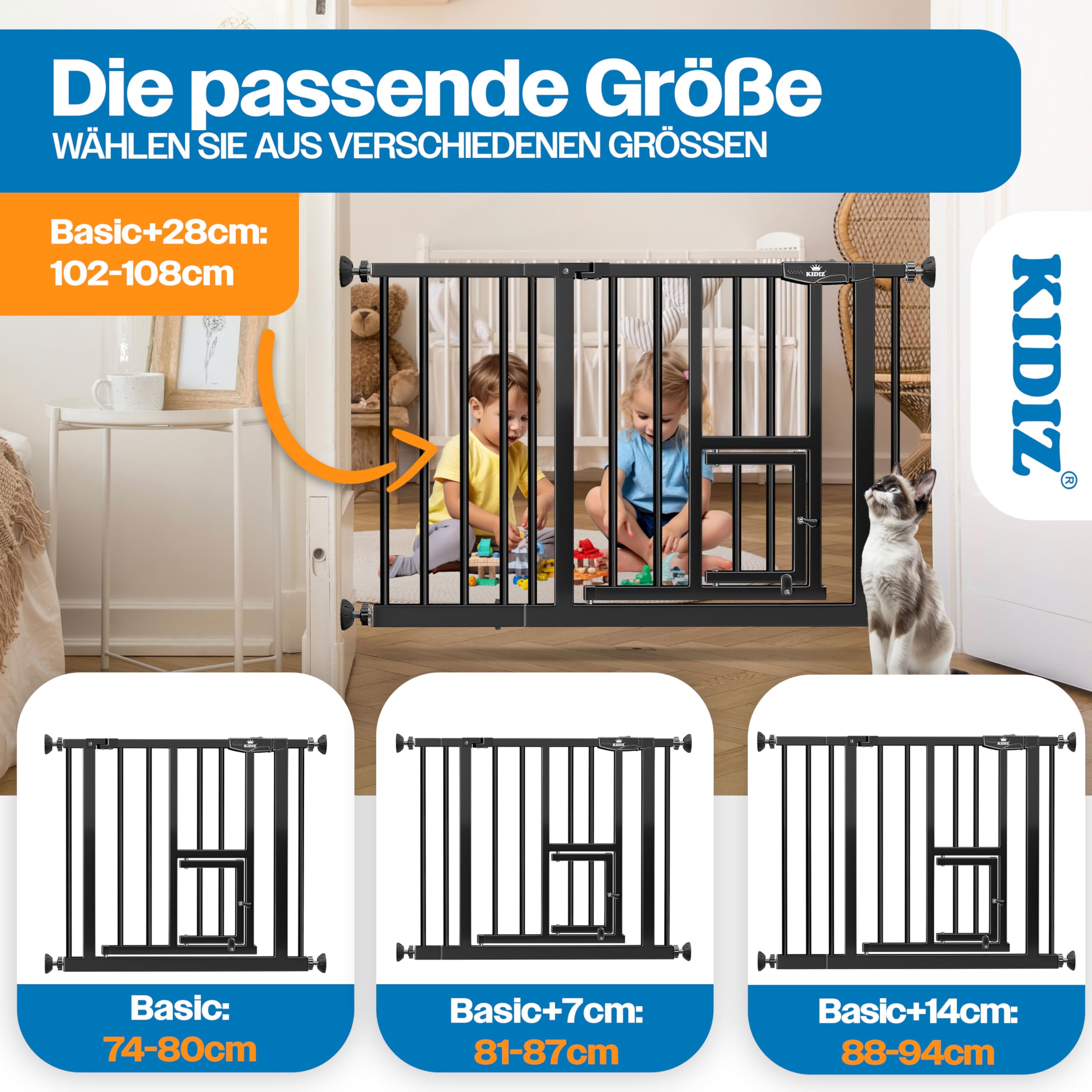 KIDIZ Absperrgitter zum Klemmen mit Katzenklappe, Türschutzgitter, Autoclose Kinder Treppengitter ohne Bohren | 90° Stopp Schutz, schwenkbar, Treppenschutzgitter, Schwarz, Breite: 74-80 cm