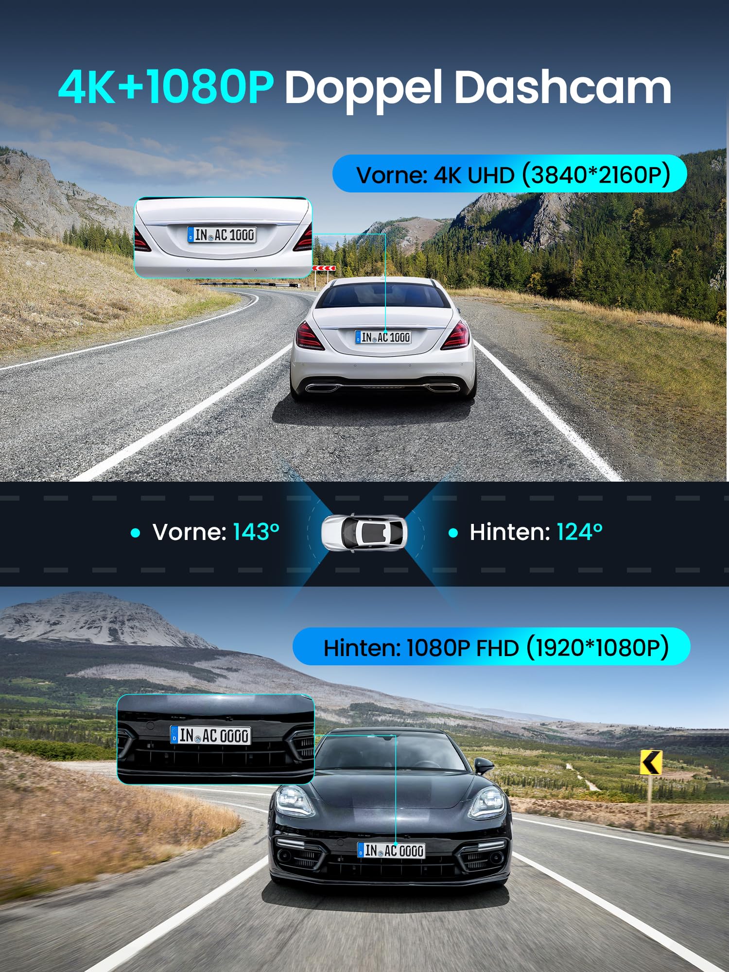 DDPAI Z50 Pro Dashcam Auto Vorne Hinten 4K+1080P, Echtes 4K AI-ISP Nachtsicht Dash Cam, Autokamera mit 64GB Karte, 4G LTE Support, 5GHz WiFi 6 GPS, 48H Parküberwachung, 3" IPS-Display, G-Sensor, ADAS