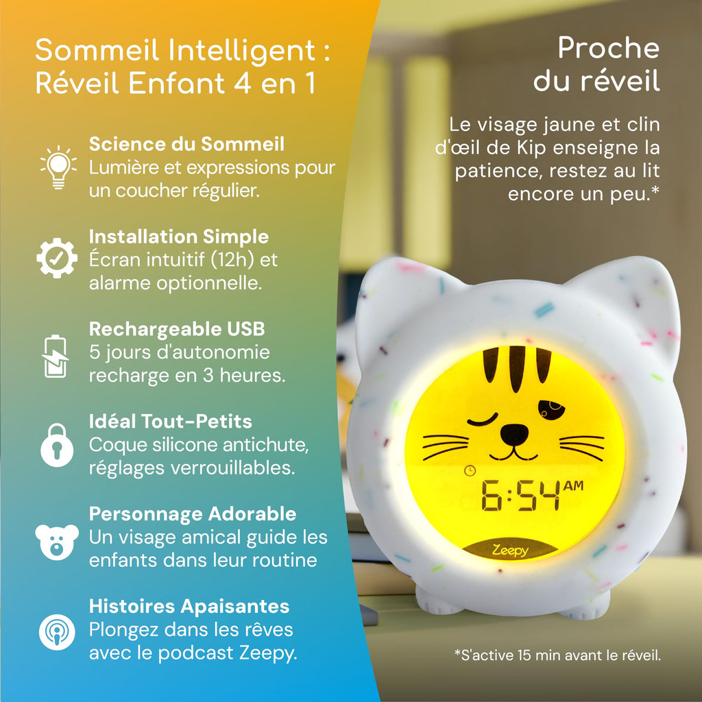 Zeepy Kinderuhr mit 4 Phasen zum Lernen des Schlafes | Wecker für Kinder Lerntag / Nacht & Nachtlicht Baby USB | Ideales Geschenk zur Geburt – Kip das Kätzchen