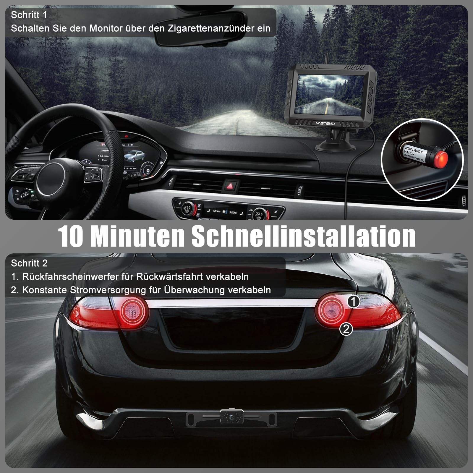VASTEND Rückfahrkamera Kabellos 5“, 1080P Nachtsicht Monitor Auto Rückfahrkamera Funk, 150° Weitwinkel IP69 wasserdichte Kabelloses Rückfahrkameras System für Wohnwagen, LKW, PKW, SUV, Pickups(VE-5A)