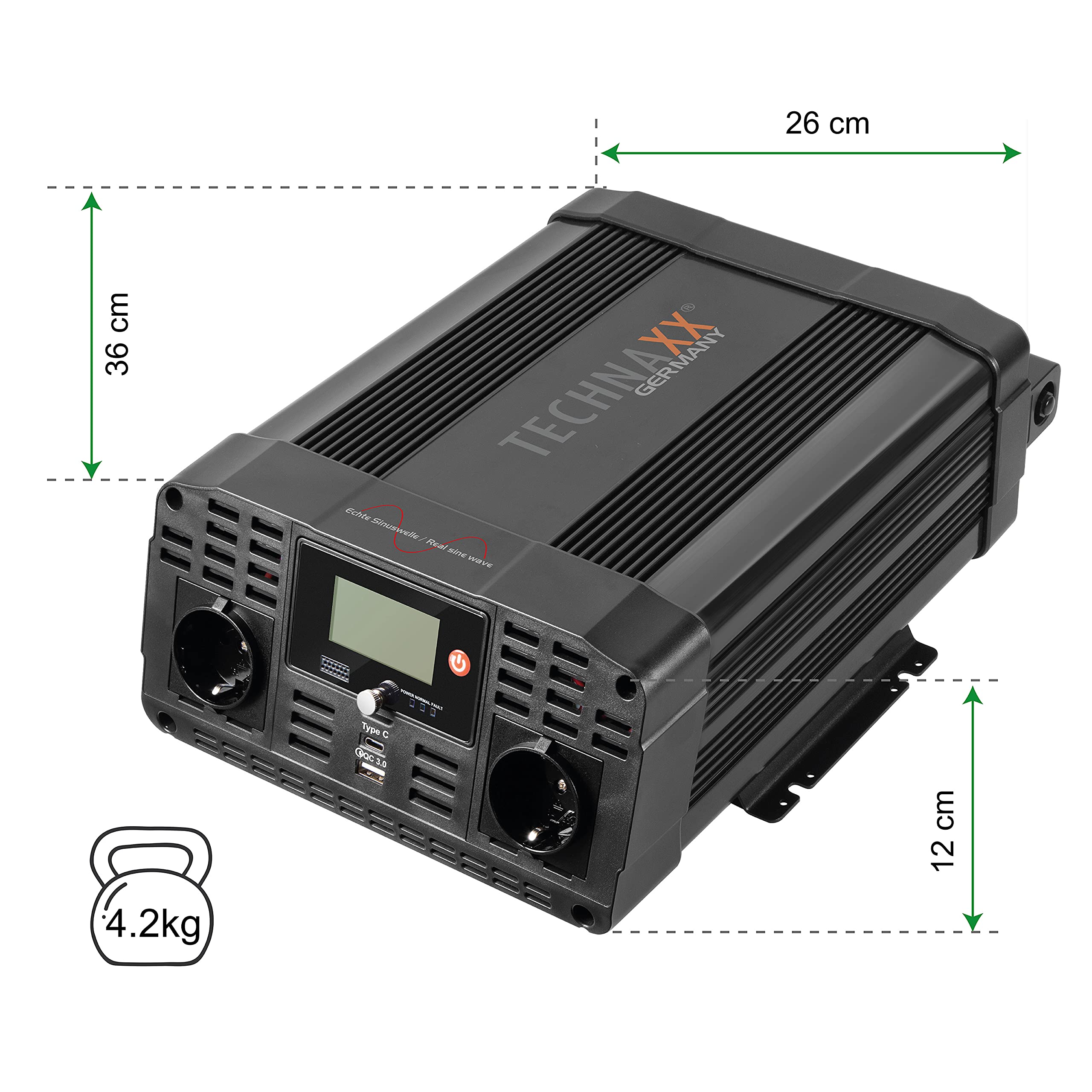 Technaxx KFZ Wechselrichter 12V auf 230V Reiner Sinus 2000W / 4000W – TÜV-zertifizierter Auto Spannungswandler mit LC-Display, 2x Schuko&USB-A QC 3.0 + USB-C – Inverter für Camping, Wohnmobil – TE22