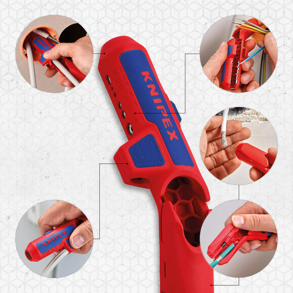 KNIPEX ErgoStrip Universal-Abmantelungswerkzeug für Rechtshänder, 135 mm, NYM-Kabel, Rundkabel, Koaxialkabel, Datenkabel, Abisolierer, 16 95 01 SB