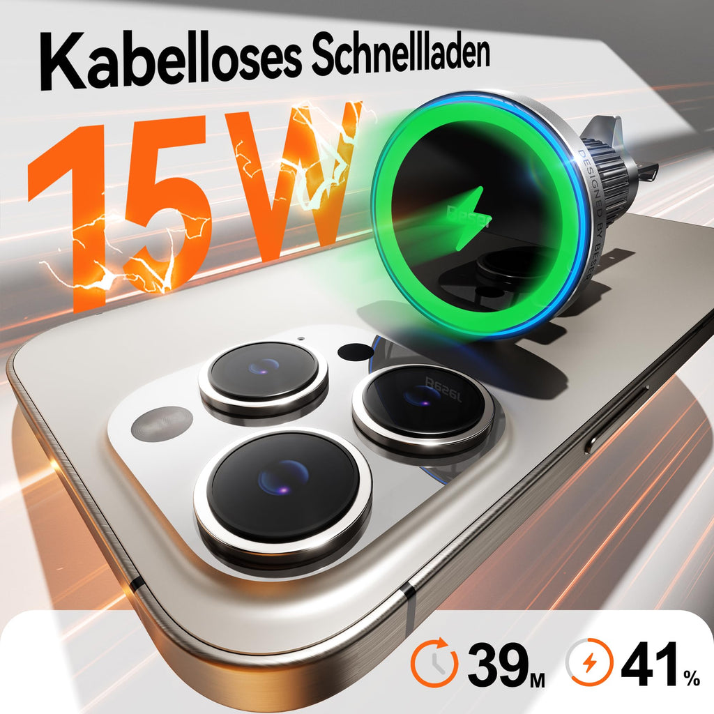 Beser 15W für Magsafe Autohalterung mit Ladefunktion, 1,89 kg-Starke Magnetkraft, Qi Kabelloses Handyhalterung, Lüftung/Armaturenbr, für iPhone 17 16 15 14 13 12 Serien, Mini, Aluminium, Schwarz