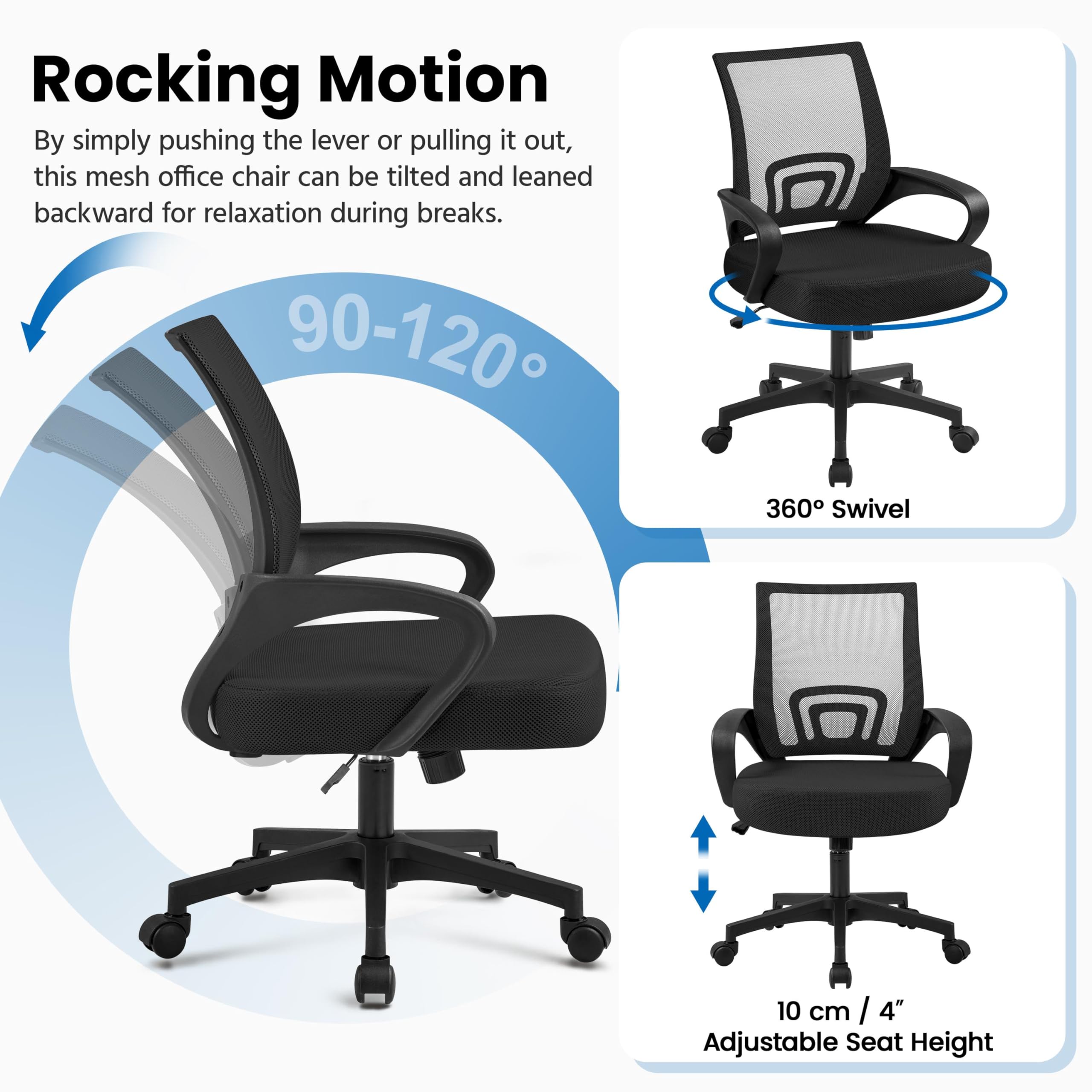 Yaheetech Bürostuhl Ergonomisch, Schreibtischstuhl mit Netzbespannung und Armlehnen, Drehstuhl aus Mesh, Chefsessel Wippfunktion, Höhenverstellbar Rückenschonend bis 136kg Belastbar, Schwarz