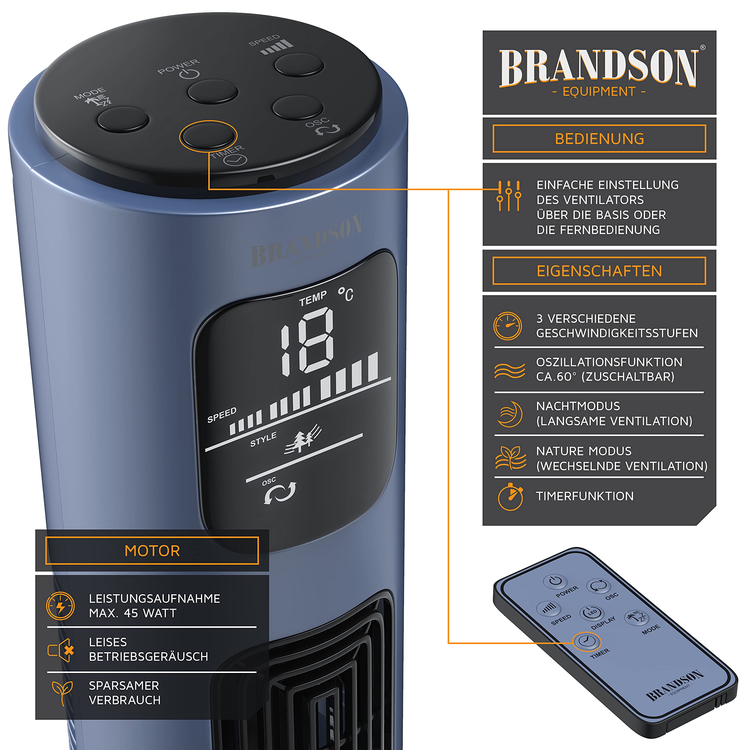 Brandson - Turmventilator mit Fernbedienung - Preisträger 2025 - Oszillation 60° - Standventilator - mobiler Lüfter - Tower Fan - 96 cm - 45W - Ventilator mit 3 Geschwindigkeiten - Blau