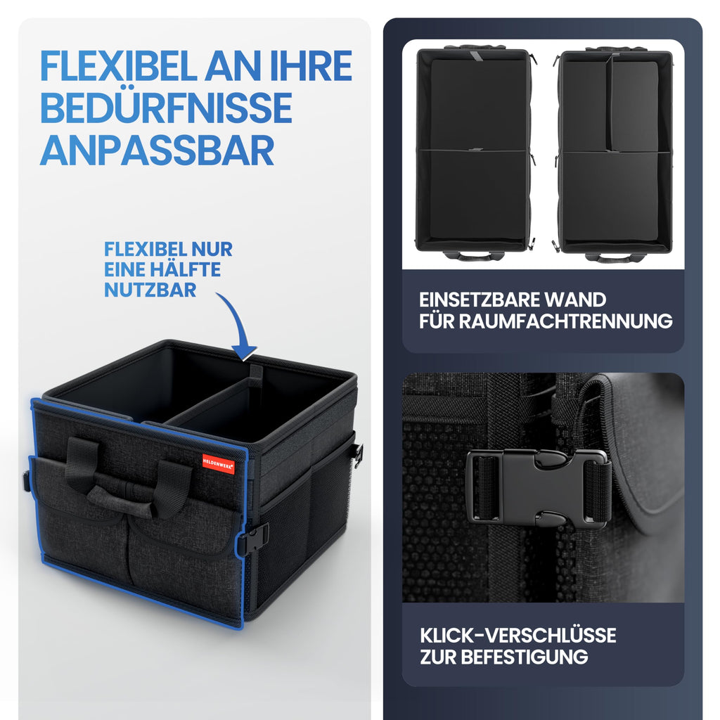 HELDENWERK Premium Kofferraum-Organizer mit Deckel stabil & rutschfest - Faltbare Auto Kofferraumtasche groß mit doppelten Böden - Kofferraumbox, Kofferraumorganizer Box