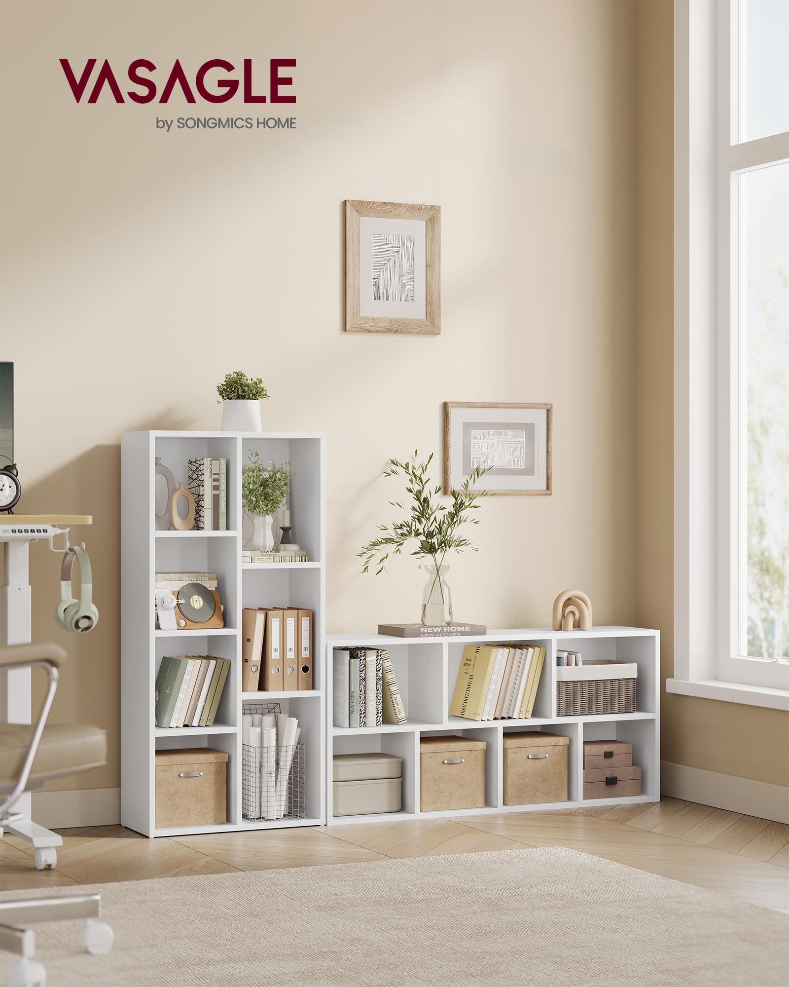 VASAGLE Bücherschrank, Bücherregal, mit 7 Fächern, Büroregal, Würfelregal, Standregal, für Wohnzimmer, Schlafzimmer, Büro, Kinderzimmer, weiß LBC27WT