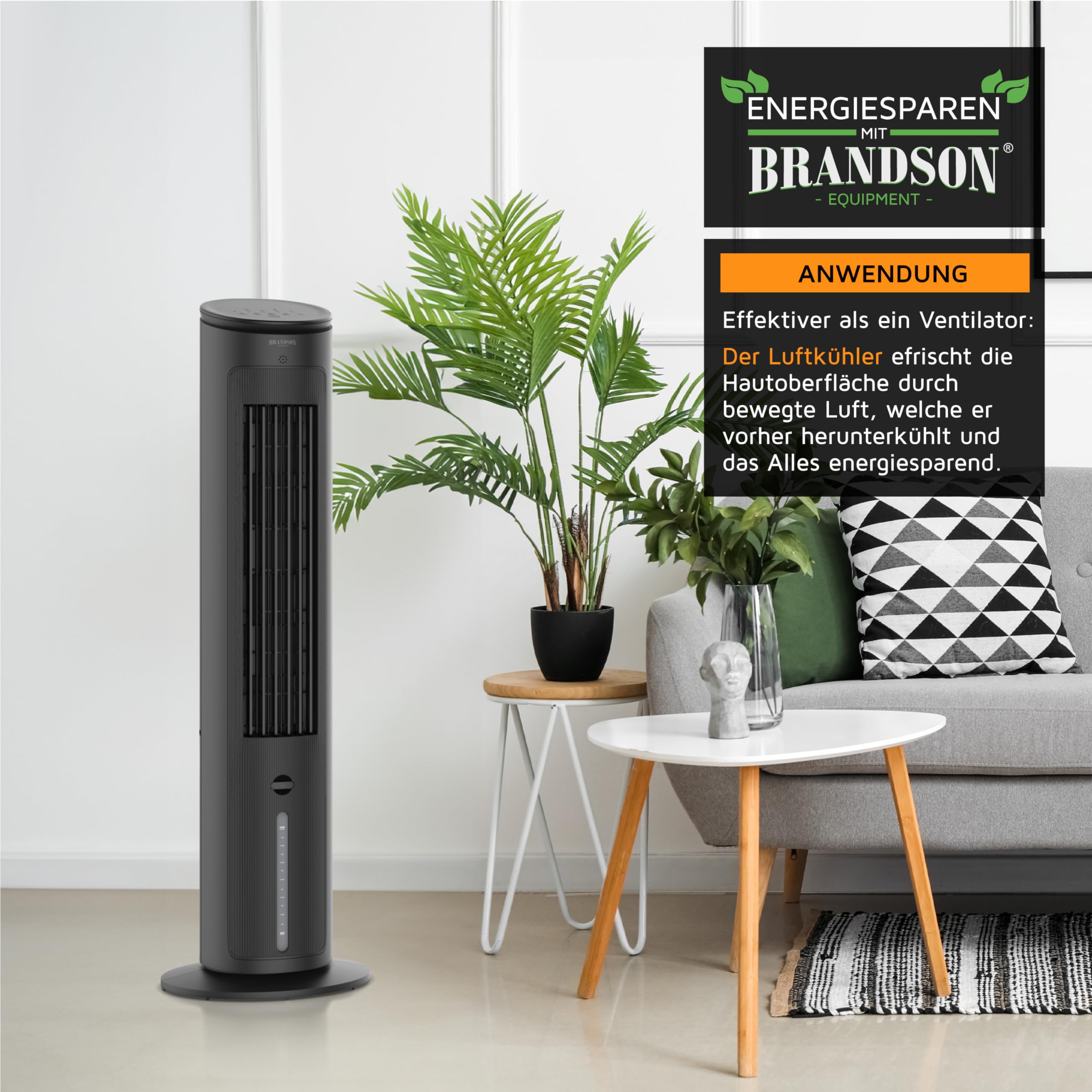 Brandson - Luftkühler mit Wasserkühlung - Preisträger 2025 - Verdunstungskühler - Luftkühler - Ventilator - mobile Klimaanlage ohne Abluftschlauch - leise - Turmventilator