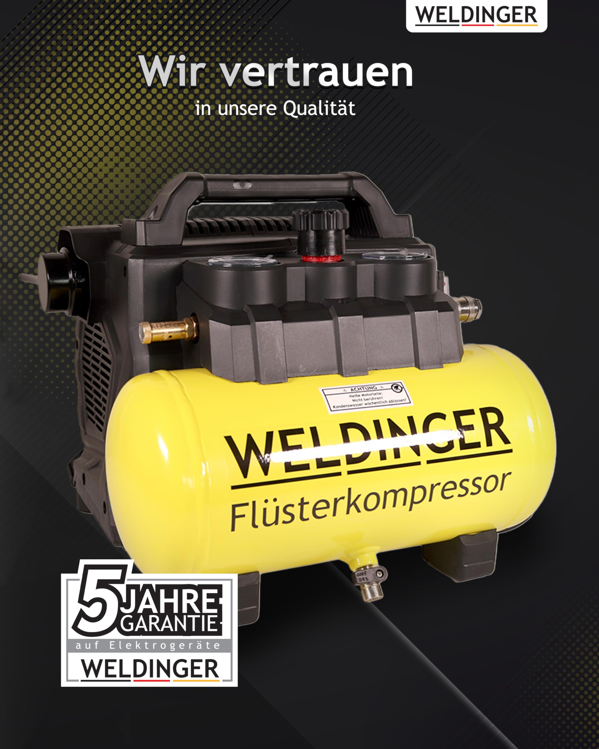WELDINGER Flüster Kompressor FK 135 pocket ölfrei 1100 W Luftabgabe 135 l Tankvolumen 6 l Druckregler 5 Jahre Garantie