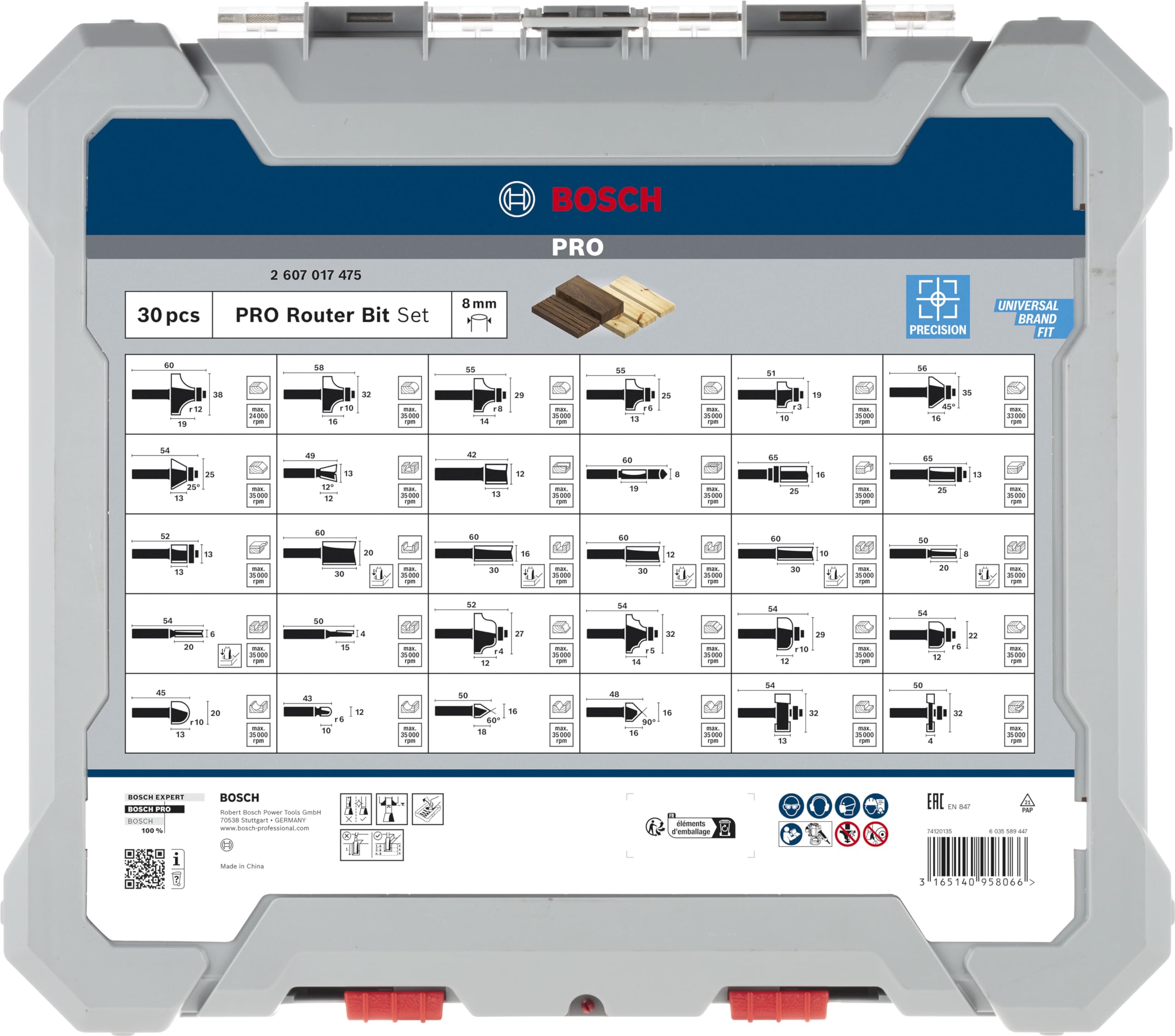 Bosch 30x PRO Fräser-Set gemischt, 30-tlg. (für Weichholz, Hartholz, Ø 4-32 mm, Professional Zubehör Handfräse, Kantenfräse)