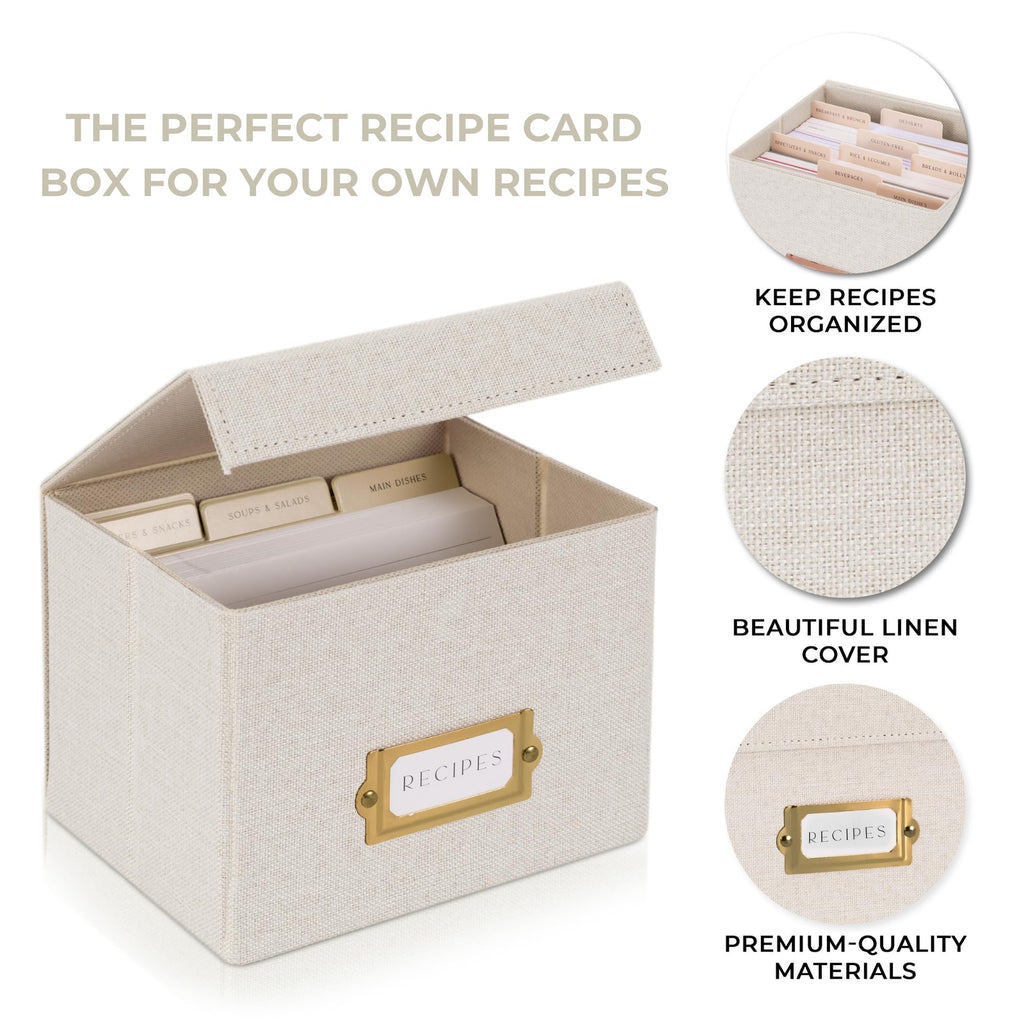 ZICOTO Schöne Rezeptbox aus Leinen – passend für 10,2 x 15,2 cm Rezeptkarten, um bis zu 250 Rezepte leicht zu organisieren – ein stabiler Kartenhalter und tolles Geschenk, das perfekt in jede Küche