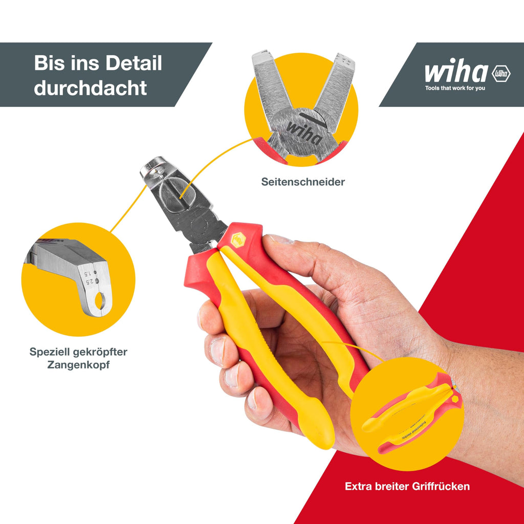 Wiha Installationszange TriCut electric VDE (38853), Seitenschneider + Abisolierzange + Abmanteln | Elektrikerzange für Schalter + Steckdosen | 170 mm