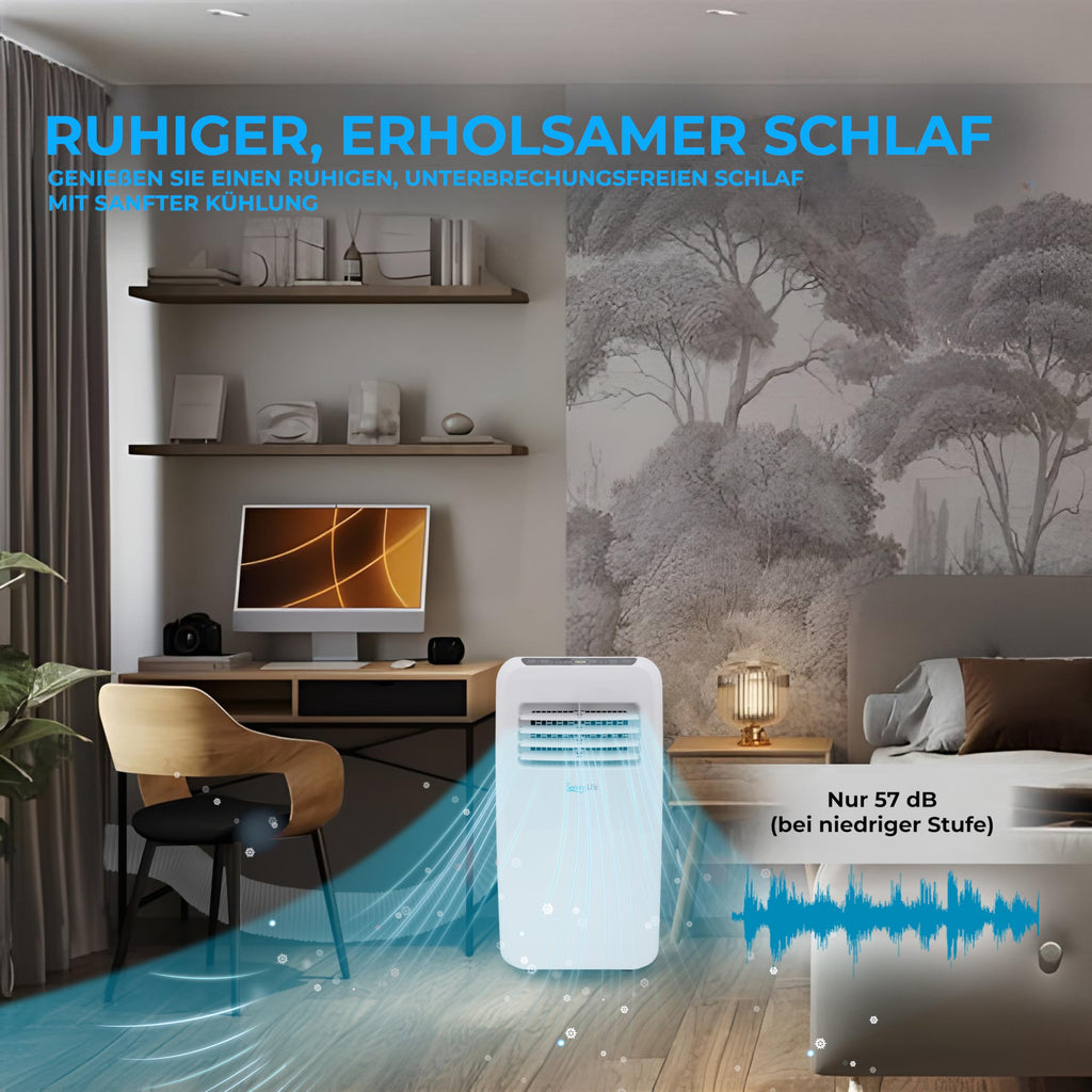 SereneLife Klimaanlage mobil 4-in-1: Luftkühler, Ventilator, Luftentfeuchter + Heizung – Tragbares Klimagerät mit Abluftschlauch, Fernbedienung & Kit für Räume bis 42 m² – Fenster-Montage 9,000 BTU