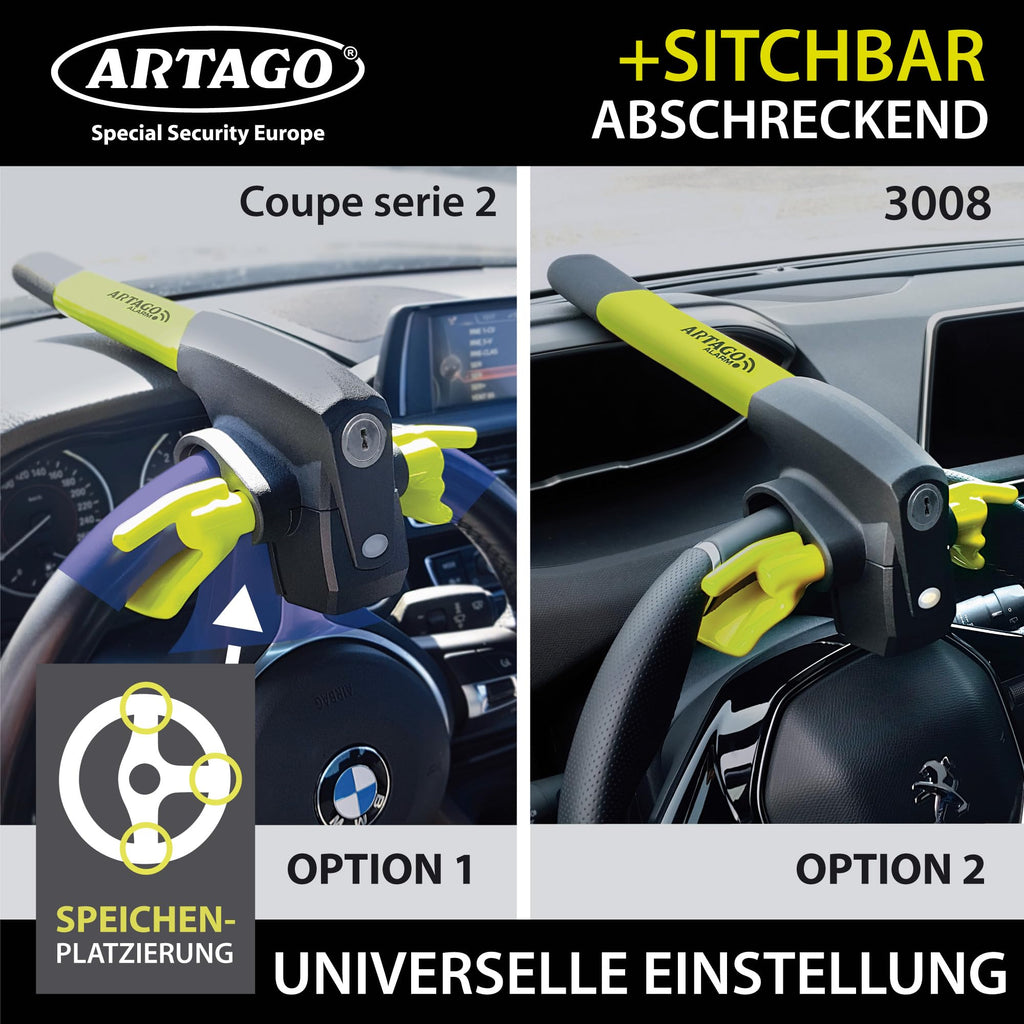 ARTAGO 870 Hochwertige Lenkradkralle 2in1 Ohne/Mit Alarm 120dB+LED, Sicherer und Abschreckender Lenkradsperre um die Lenkradspeiche, Fortschrittlichste Lenkradschloss zur Auto-Diebstahlsicherung